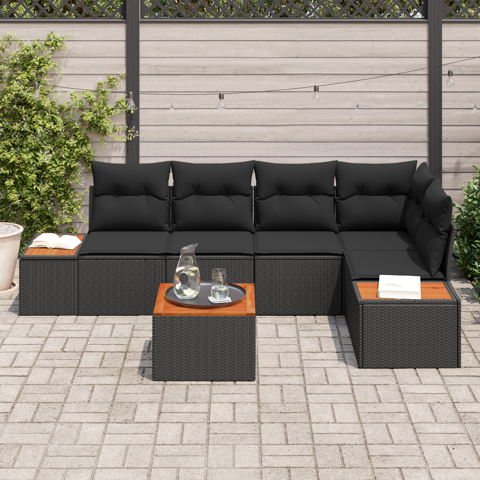 vidaXL 6-delige Tuinbankenset met kussens poly rattan acacia zwart