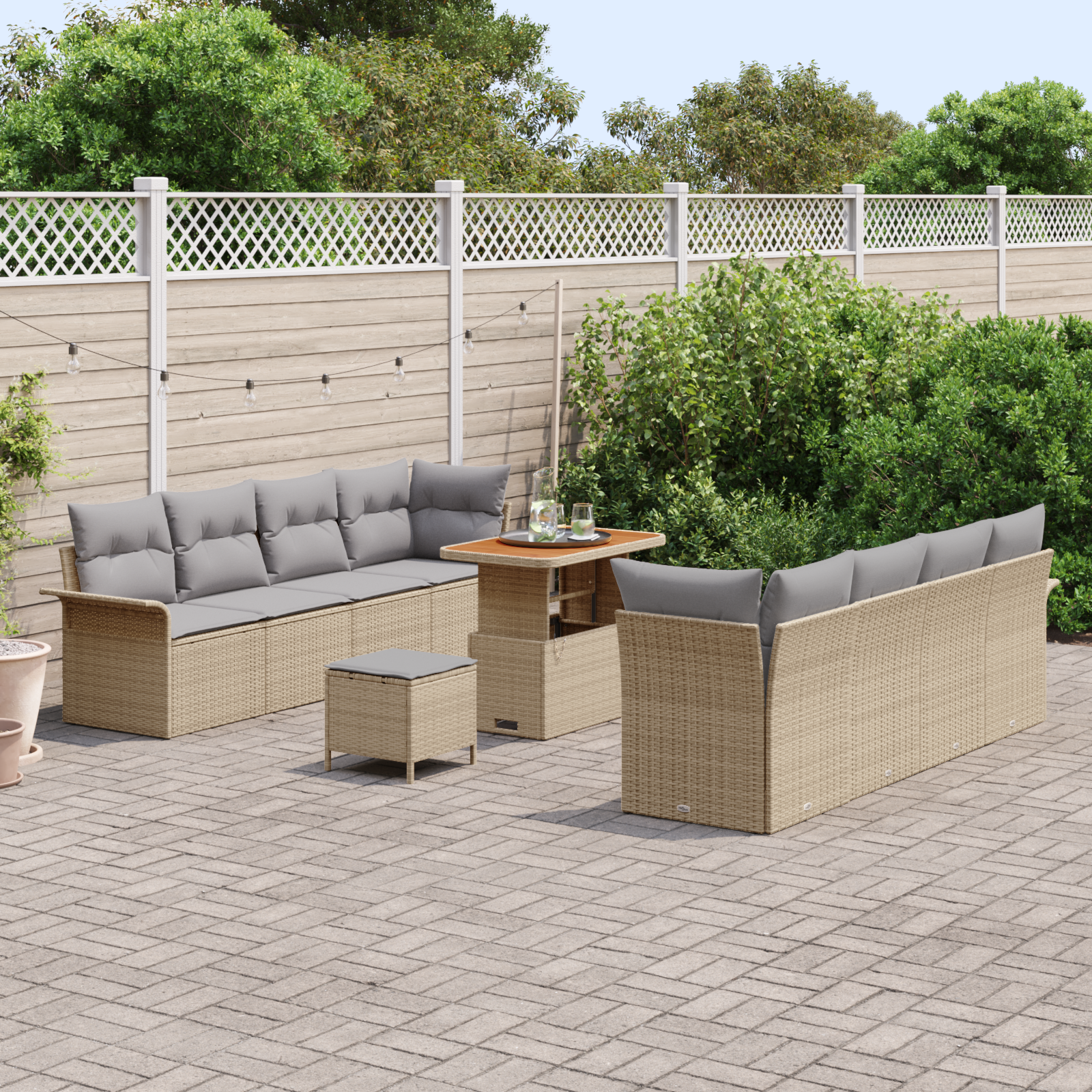 vidaXL 11-delige tuinbankset met kussens beige poly rattan acacia