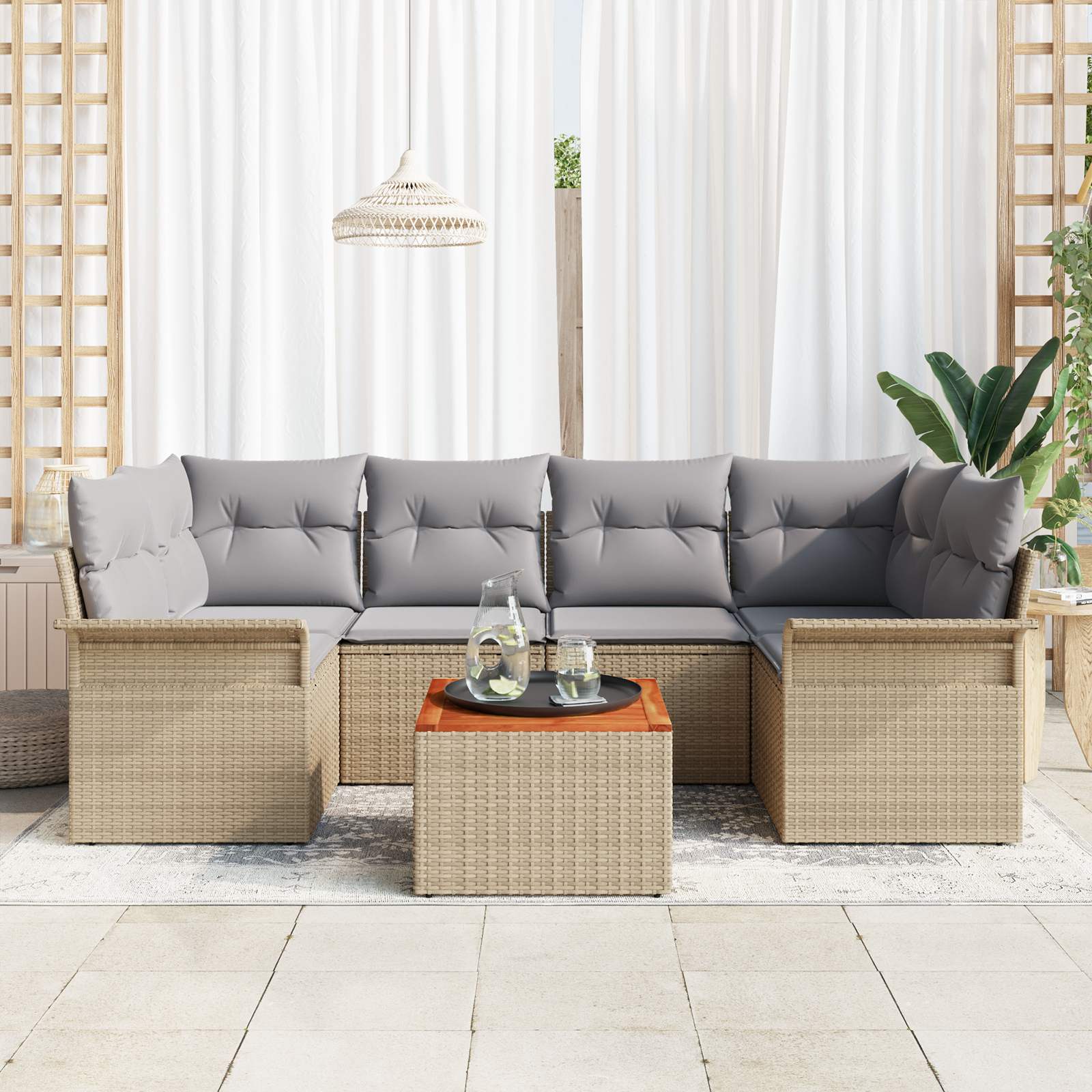 vidaXL 7-delige Tuinbankenset met kussens poly rattan acaciahout beige