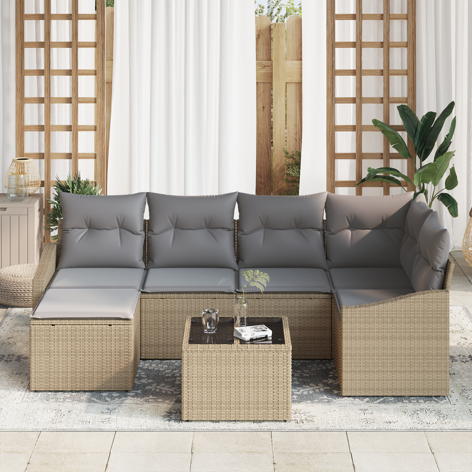 vidaXL 7-delige Tuinbankenset met kussens poly rattan zwart
