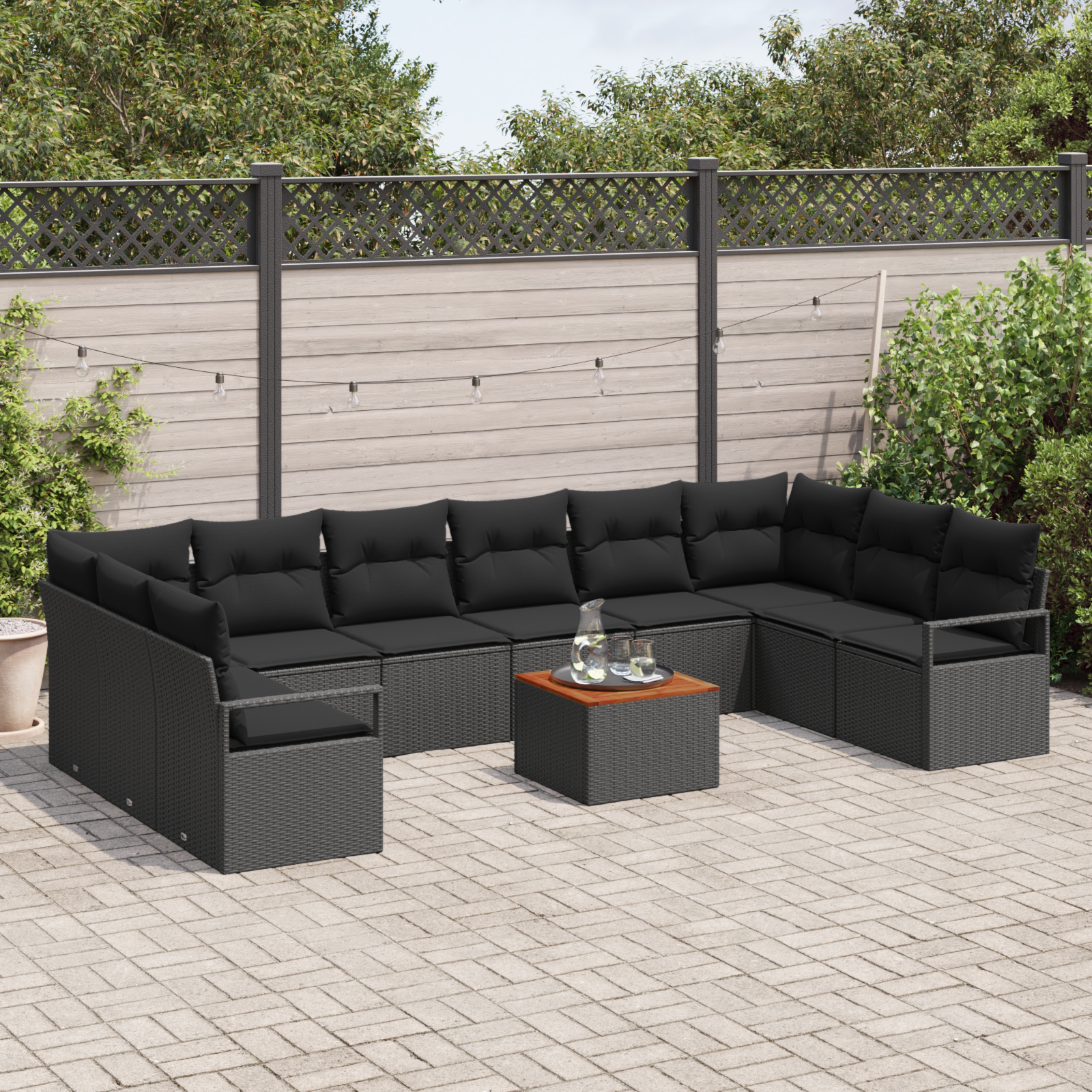 vidaXL 11-delige tuinbankset met kussens - zwart poly rattan en acacia