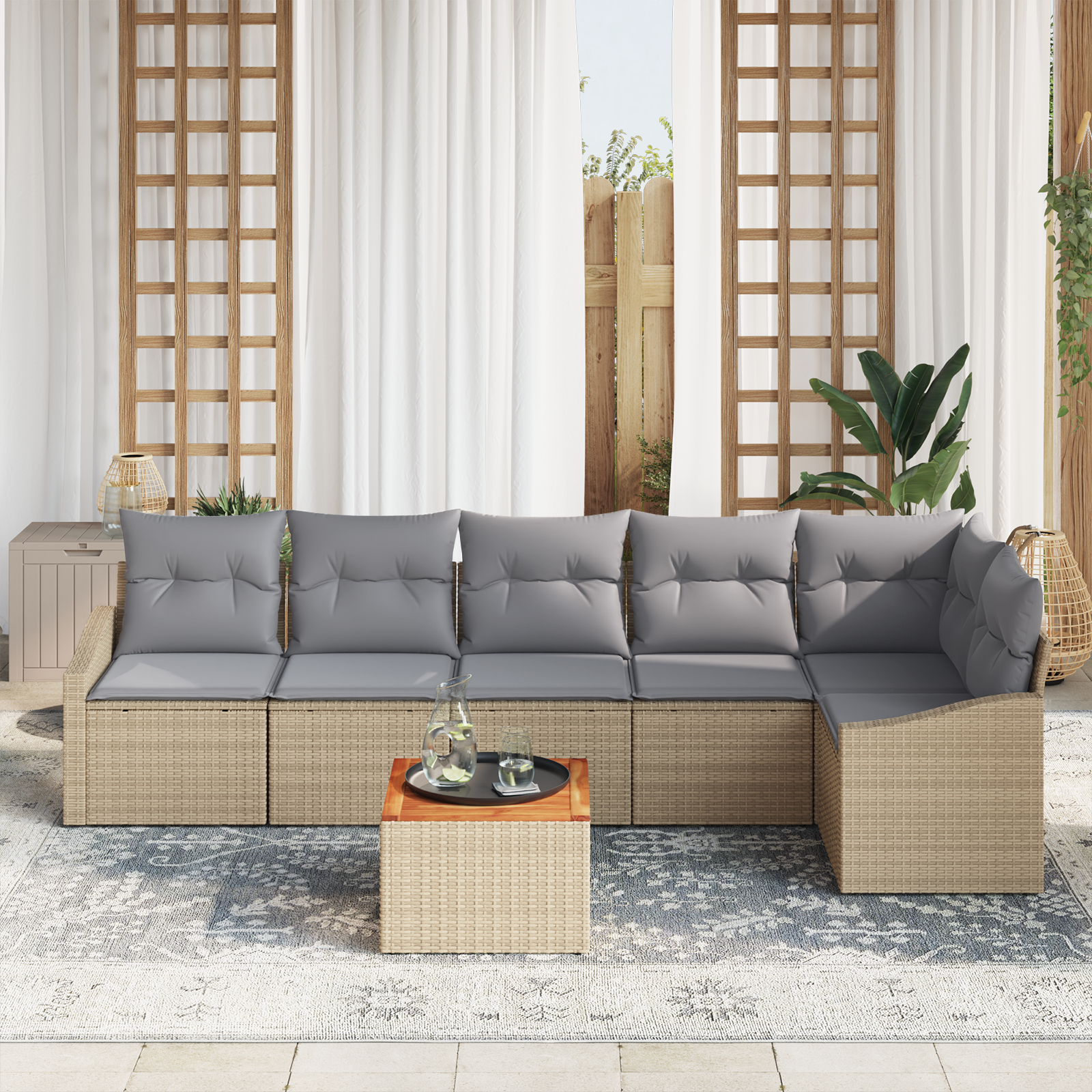 vidaXL 7-delige Tuinbankenset met kussens poly rattan acaciahout beige