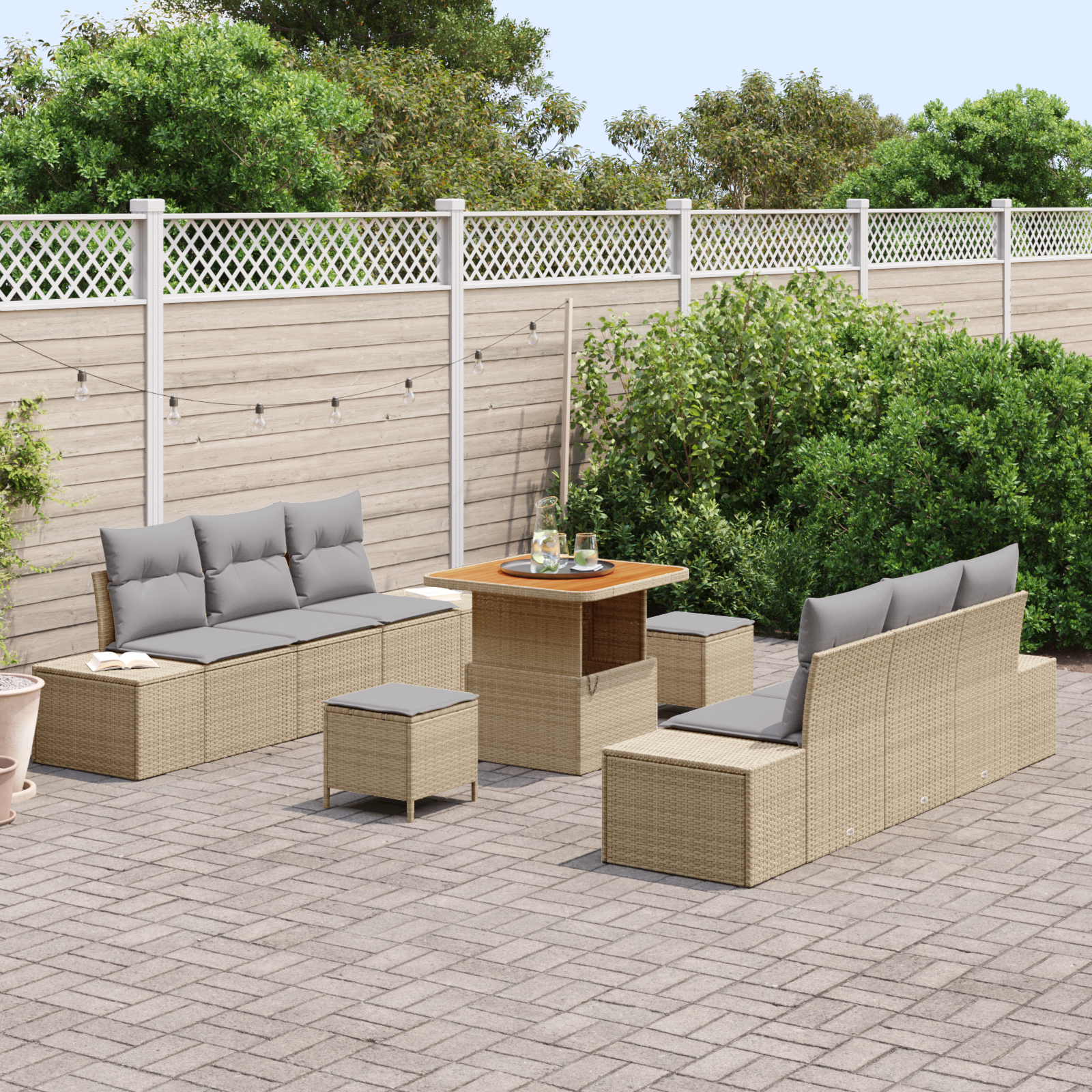 vidaXL 9-delige Tuinbankenset met kussens poly rattan acacia beige