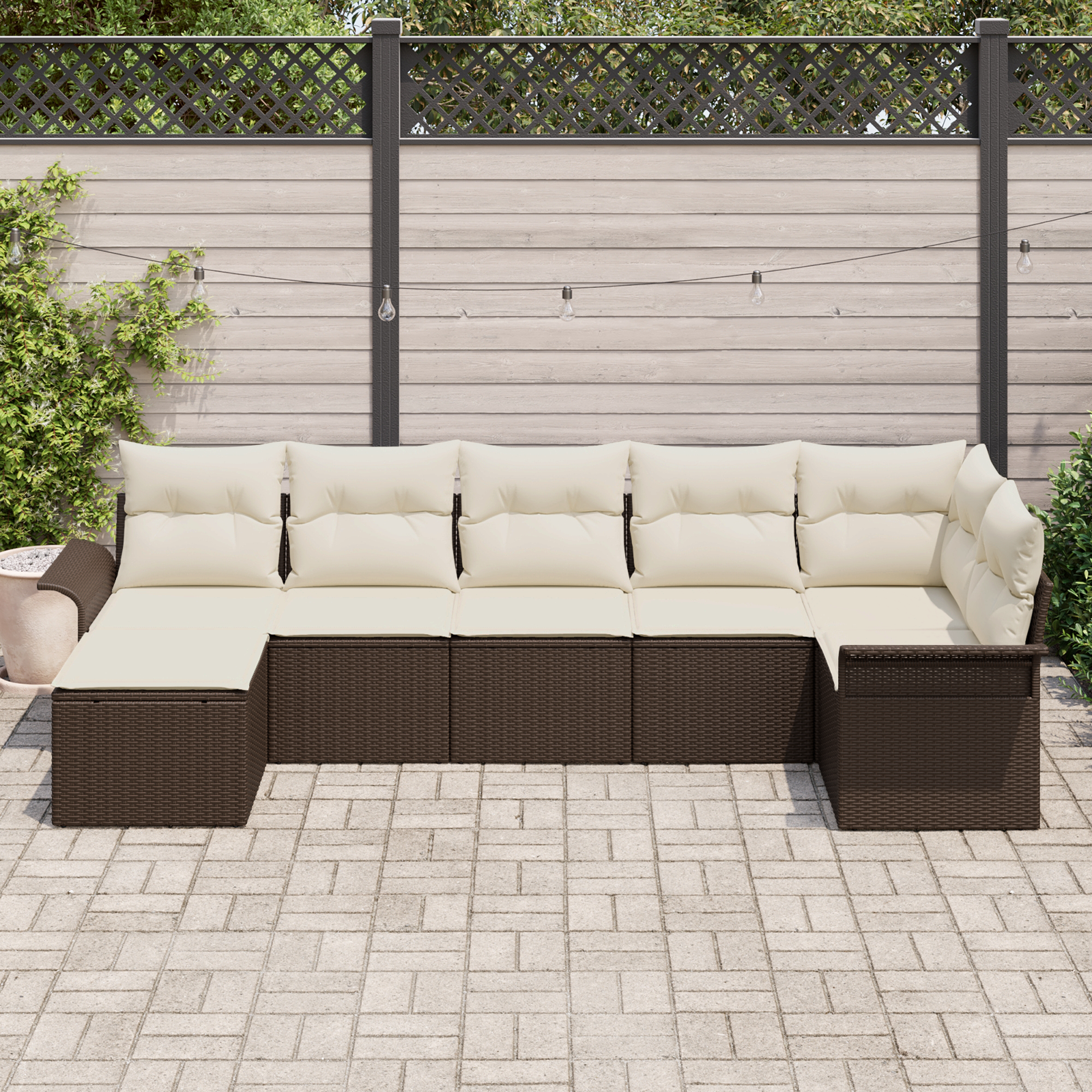 vidaXL 7-delige Tuinbankenset met kussens poly rattan bruin