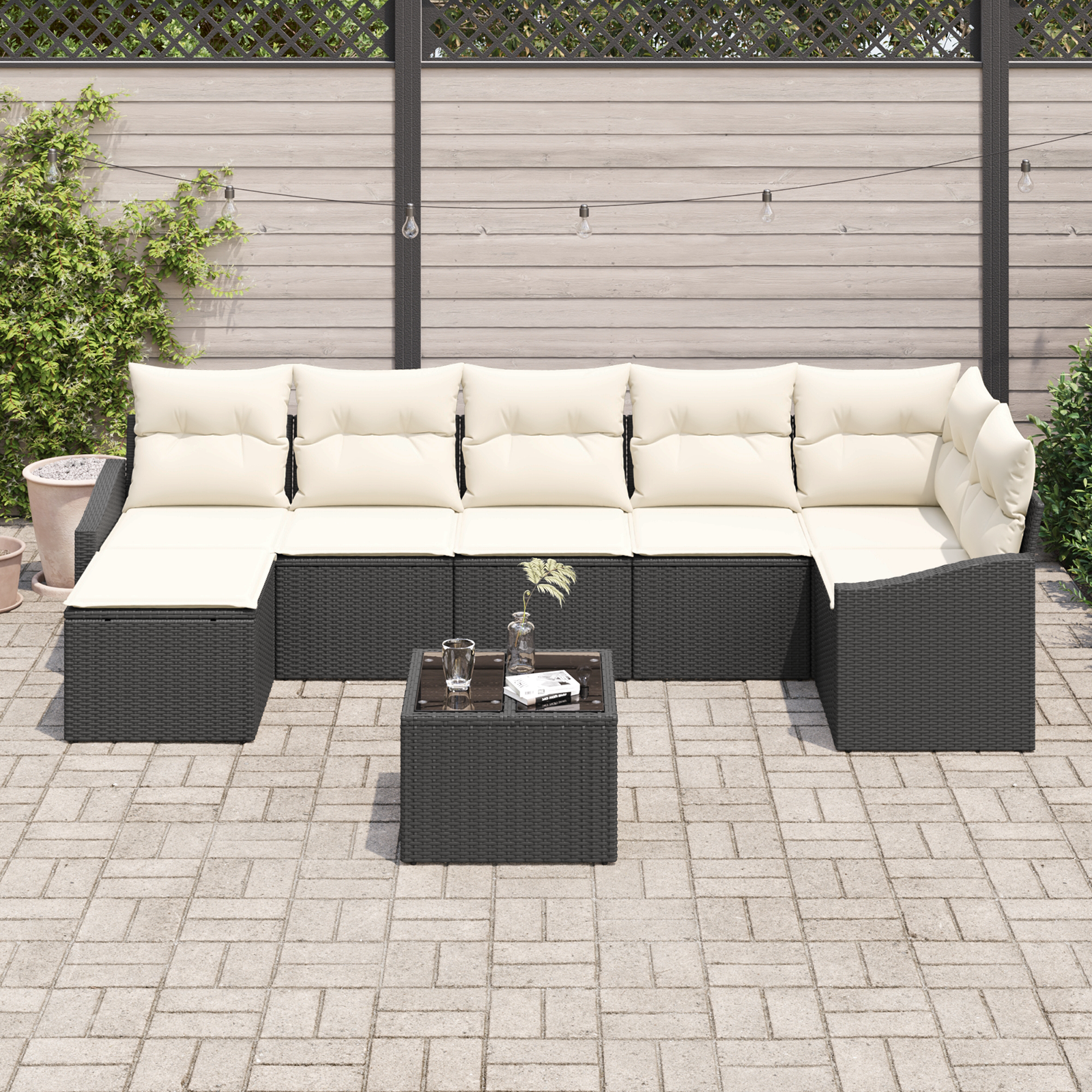 vidaXL 7-delige Tuinbankenset met kussens poly rattan bruin
