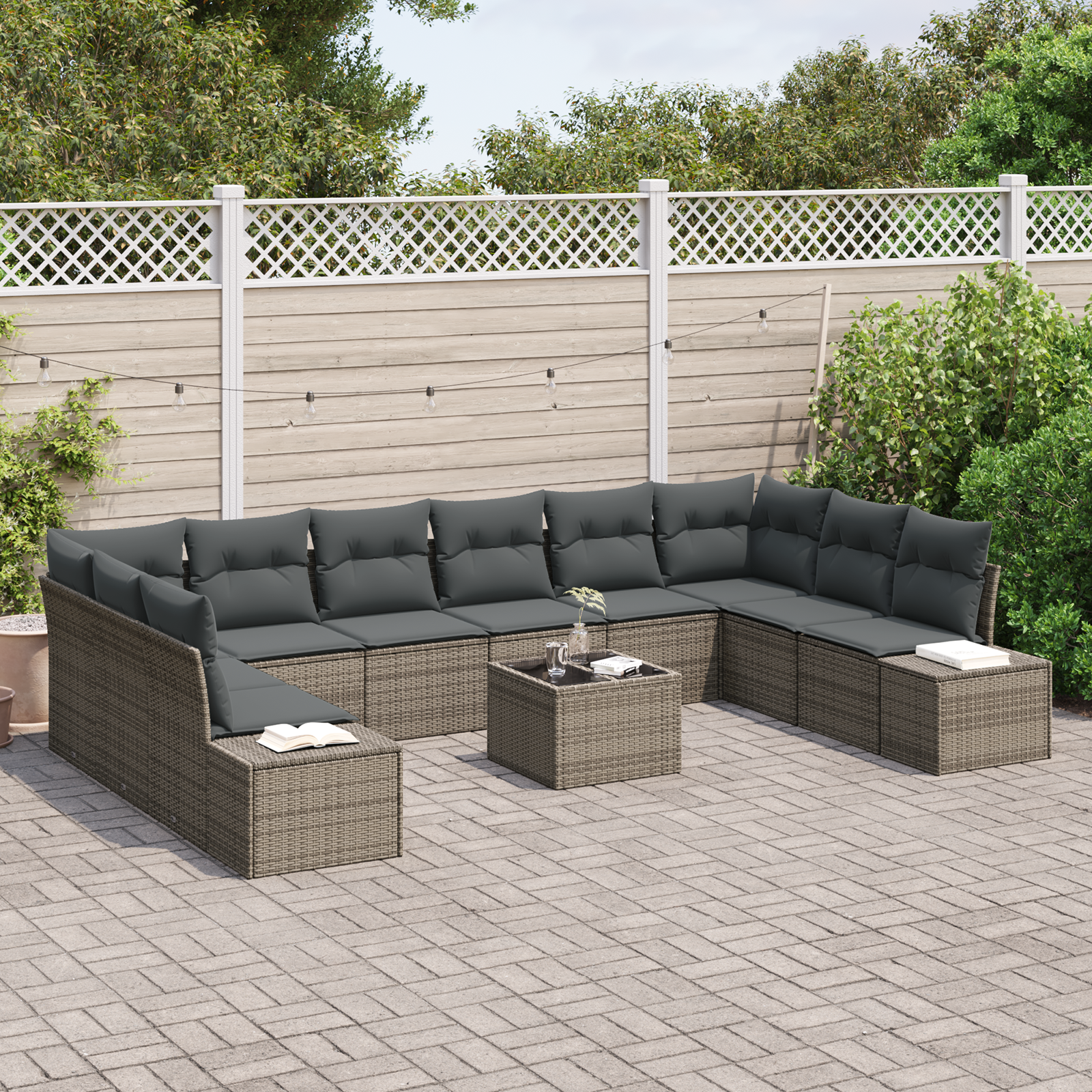 vidaXL 10-delige Tuinbankenset met kussens poly rattan zwart