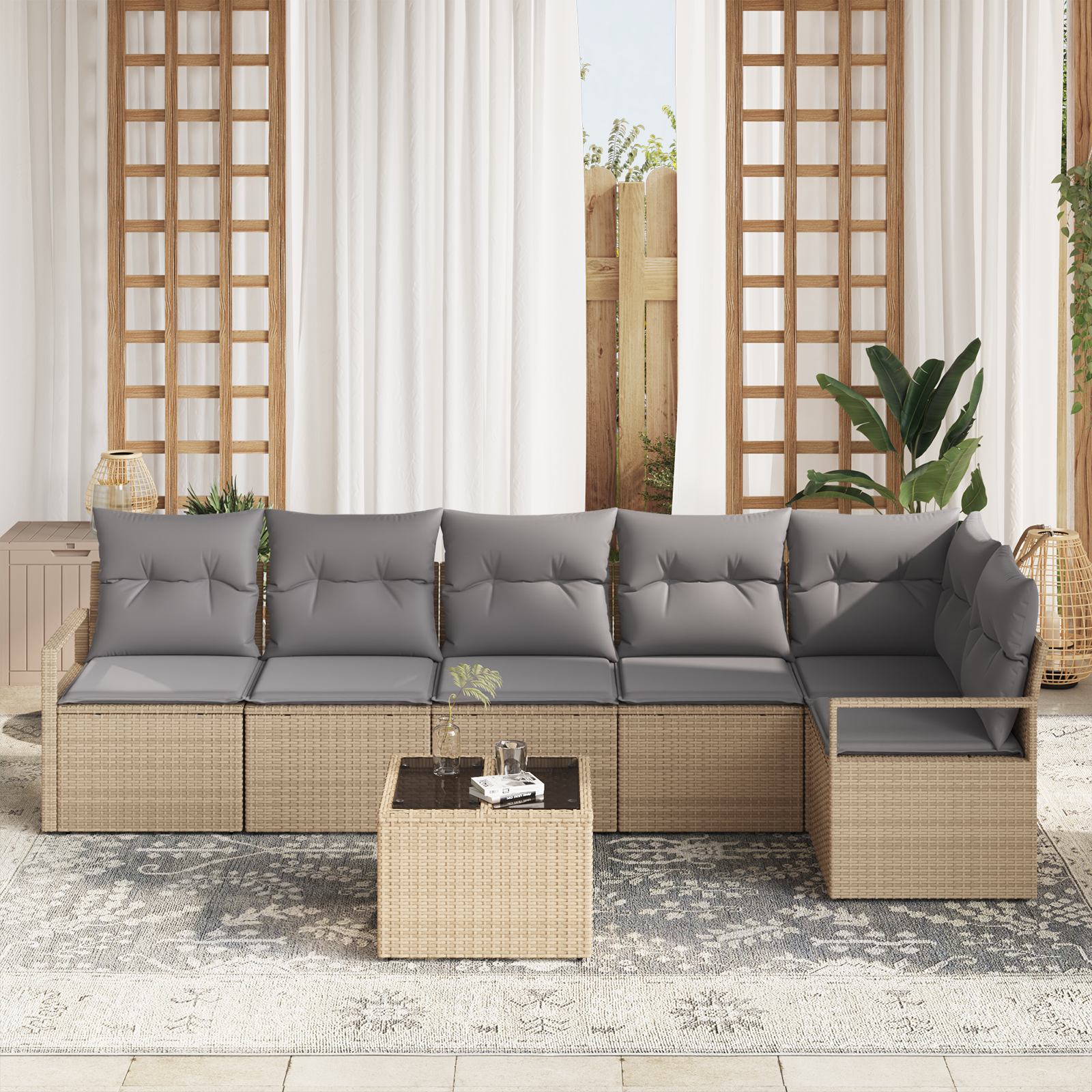 vidaXL 7-delige tuinset met kussens van zwart poly rattan