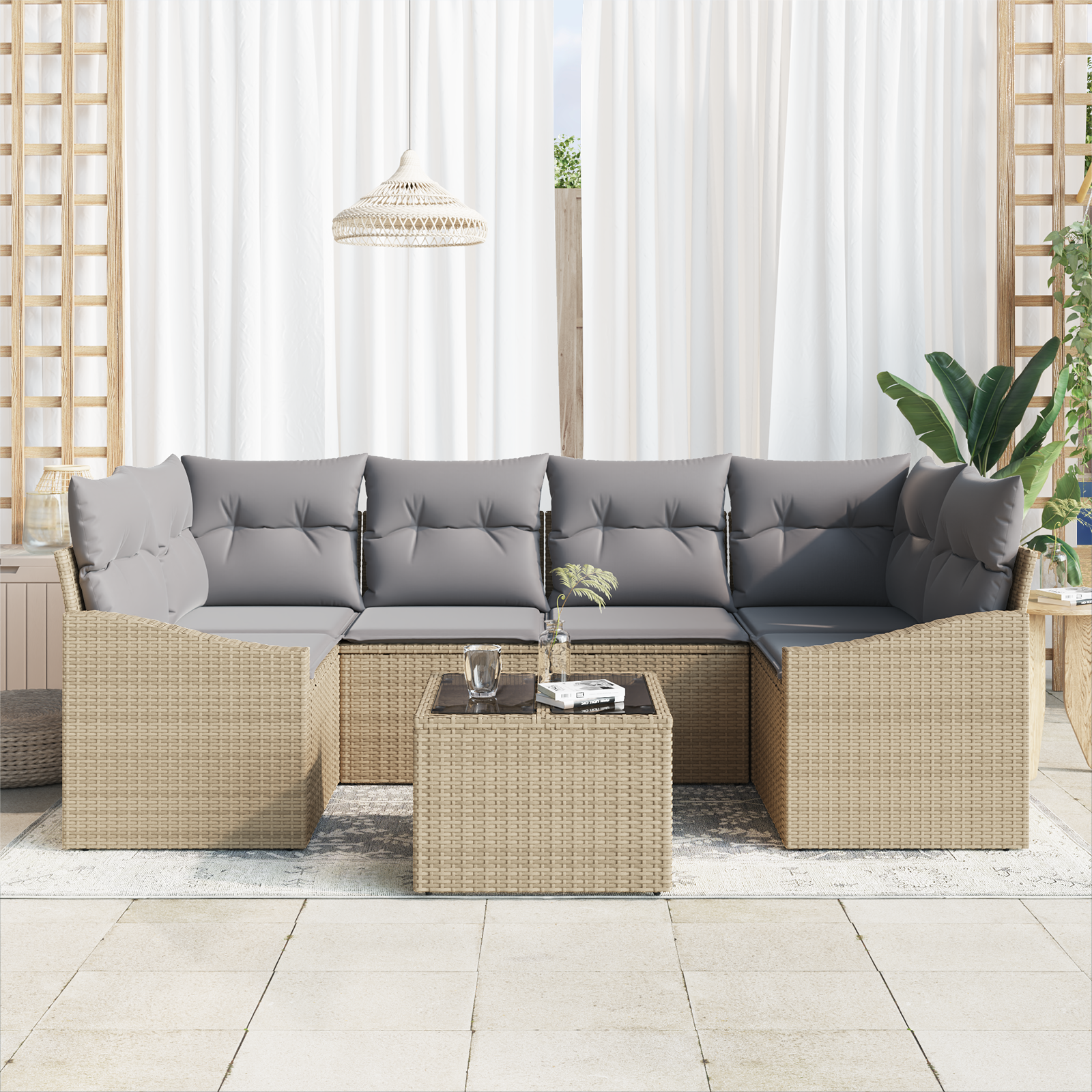 vidaXL 7-delige Tuinbankenset met kussens poly rattan beige