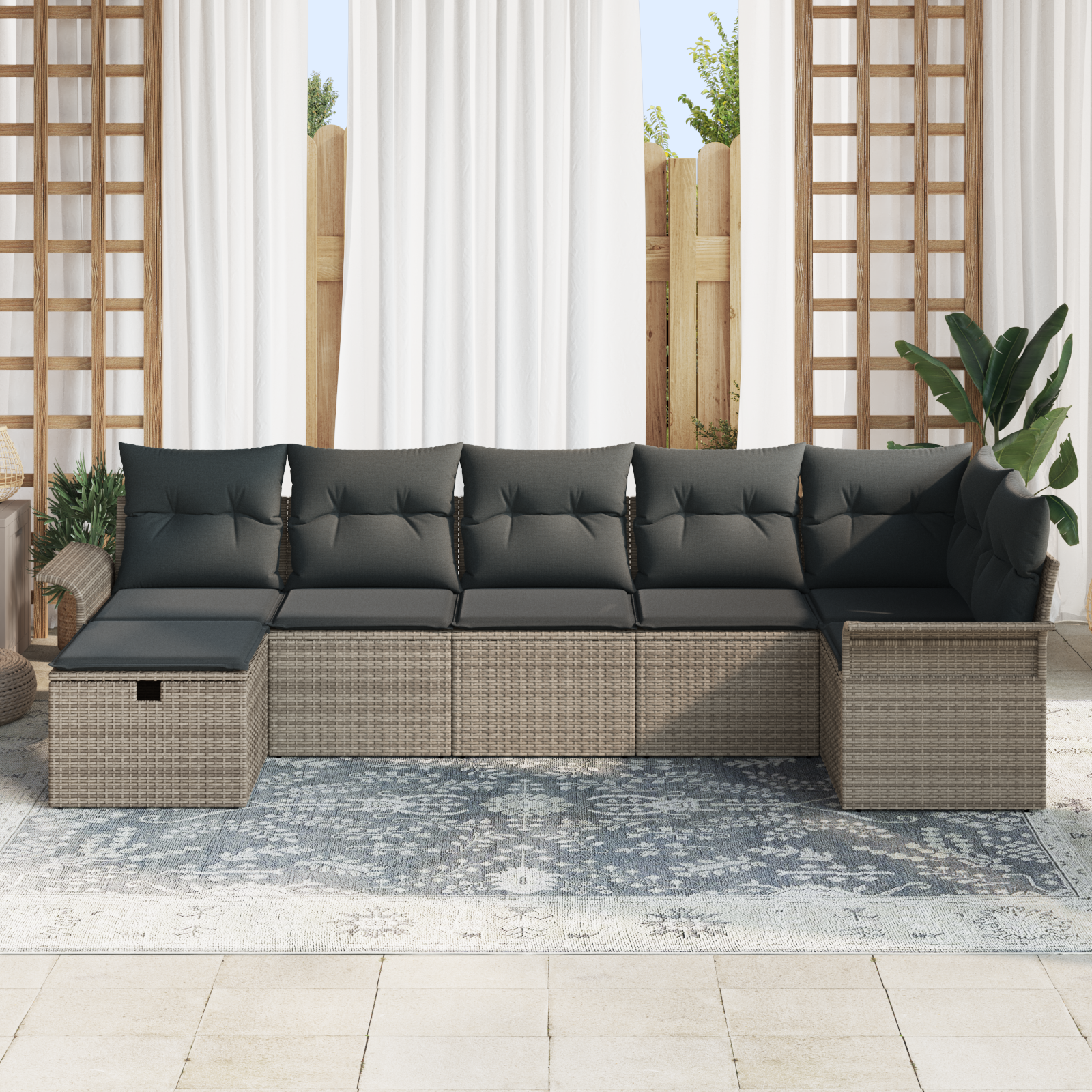 vidaXL 7-delige Tuinbankenset met kussens poly rattan grijs