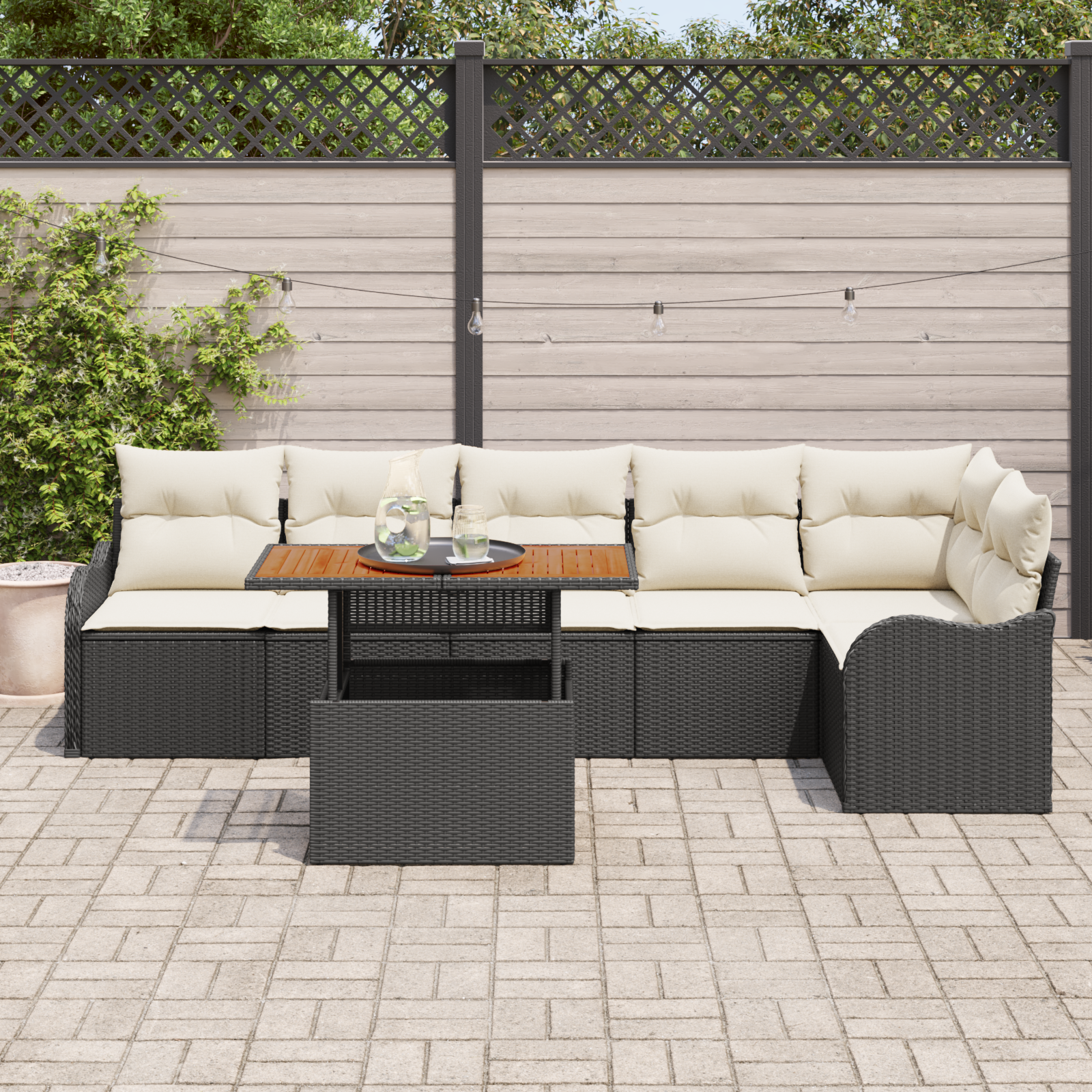 vidaXL 7-delige tuinset met kussens zwart poly rattan acacia