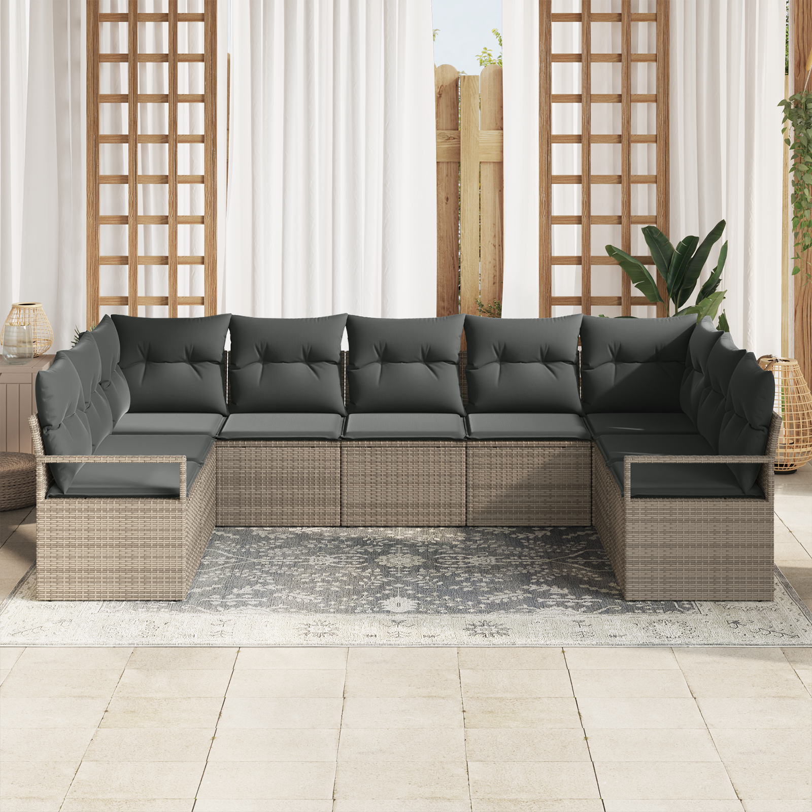 vidaXL 7-delige Tuinbankenset met kussens poly rattan grijs