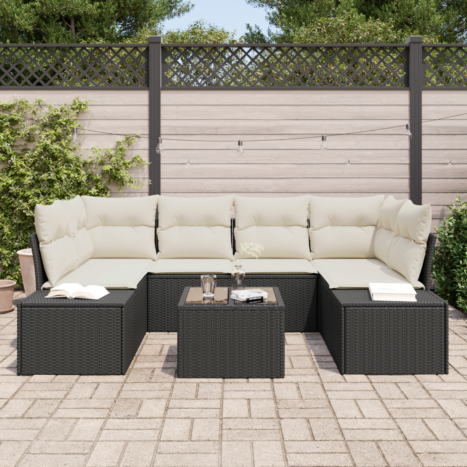 vidaXL 7-delige Tuinset met Kussens Zwart Poly Rattan