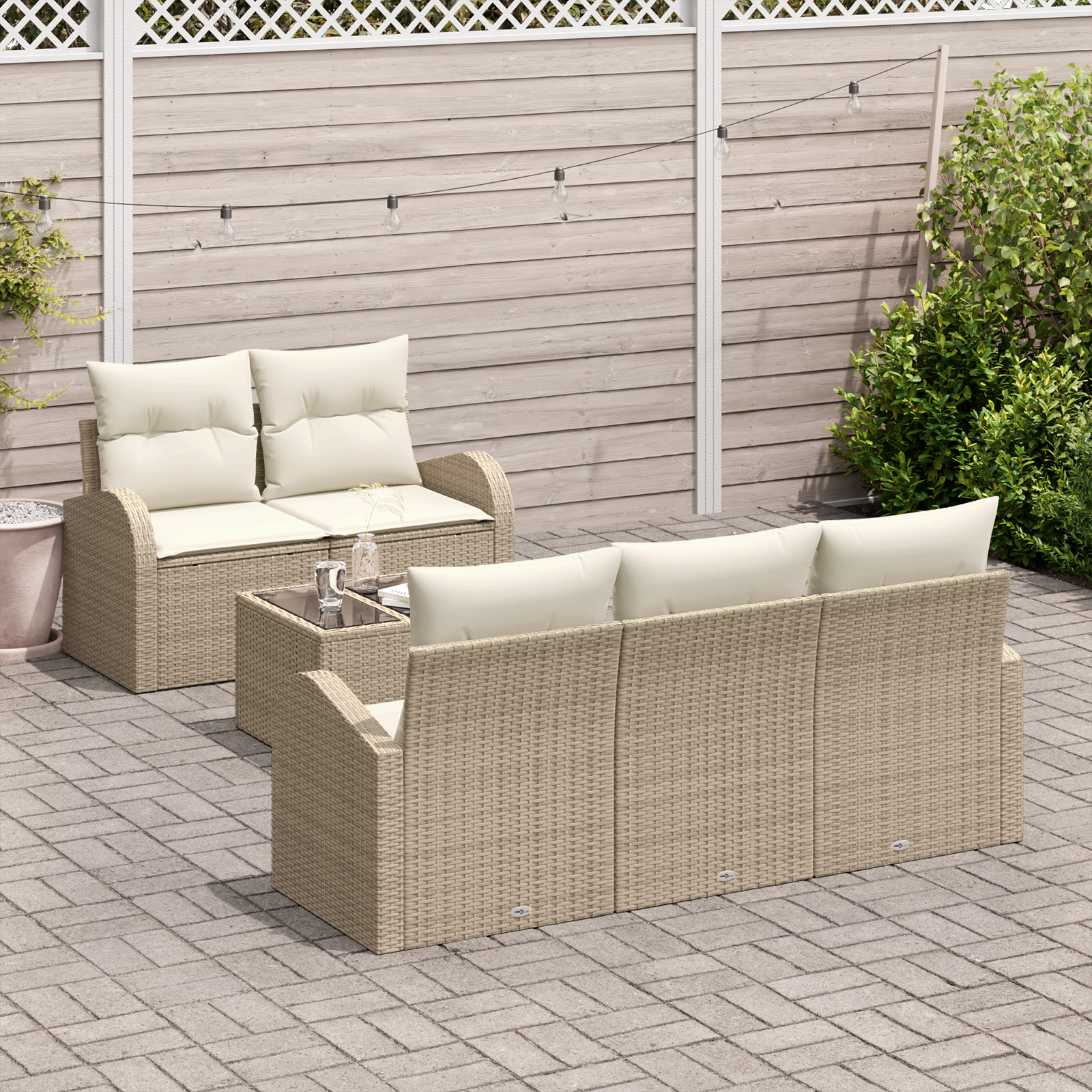 vidaXL 6-delige Tuinbankenset met kussens poly rattan beige