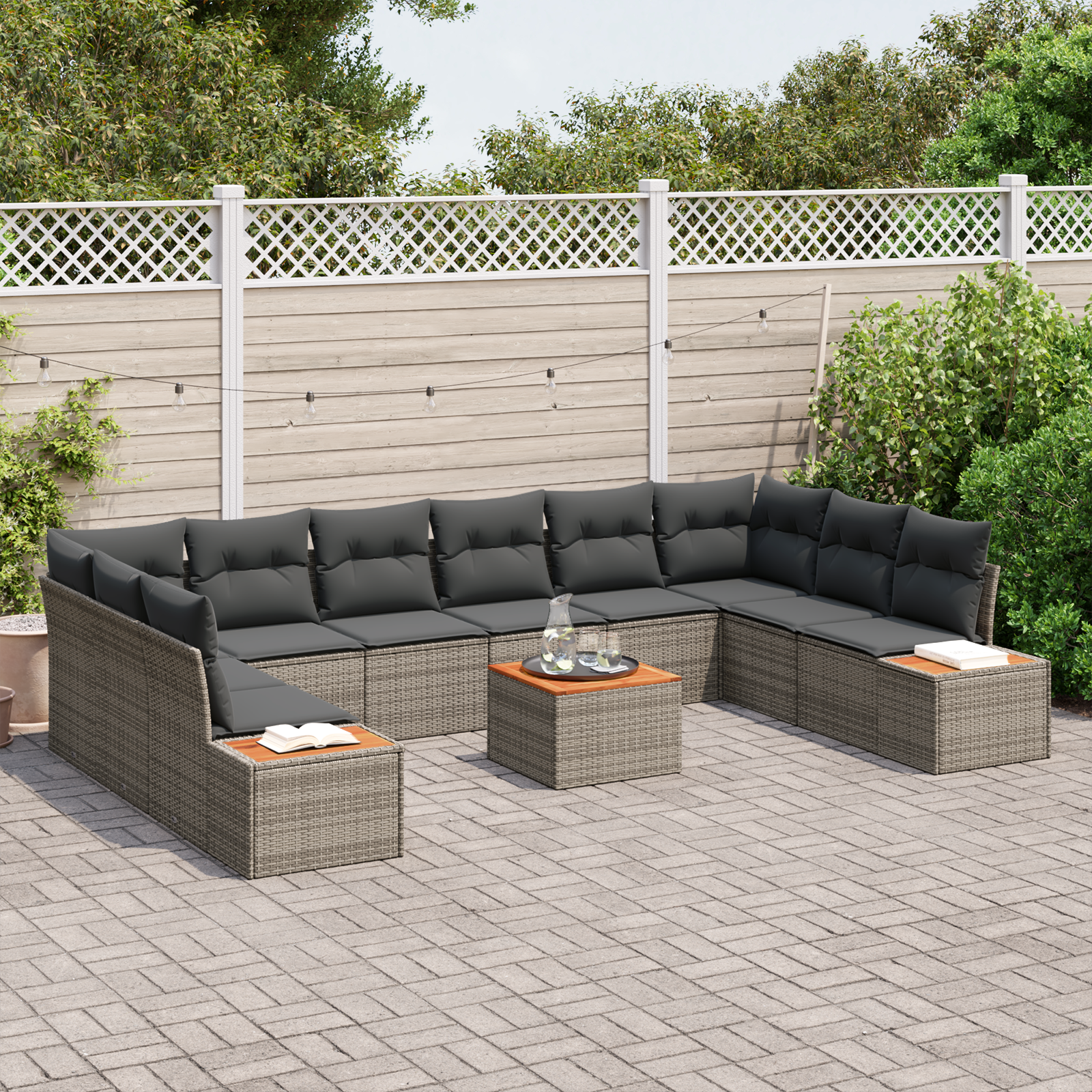 vidaXL 11-delige Tuinbankenset met kussens poly rattan acacia grijs