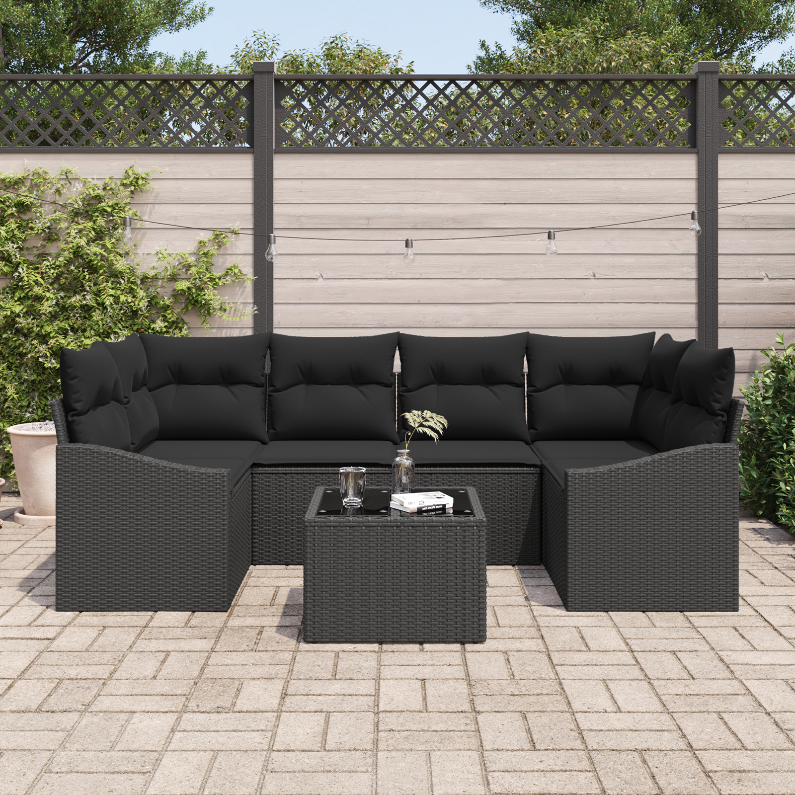 vidaXL 7-delige Tuinbankenset met kussens poly rattan zwart