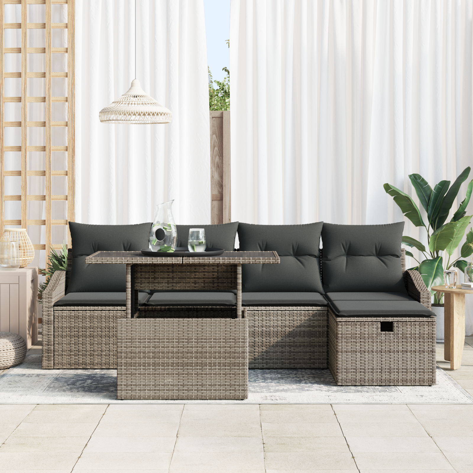 vidaXL 6-delige Tuinbank Set met Kussens - Grijs Poly Rattan