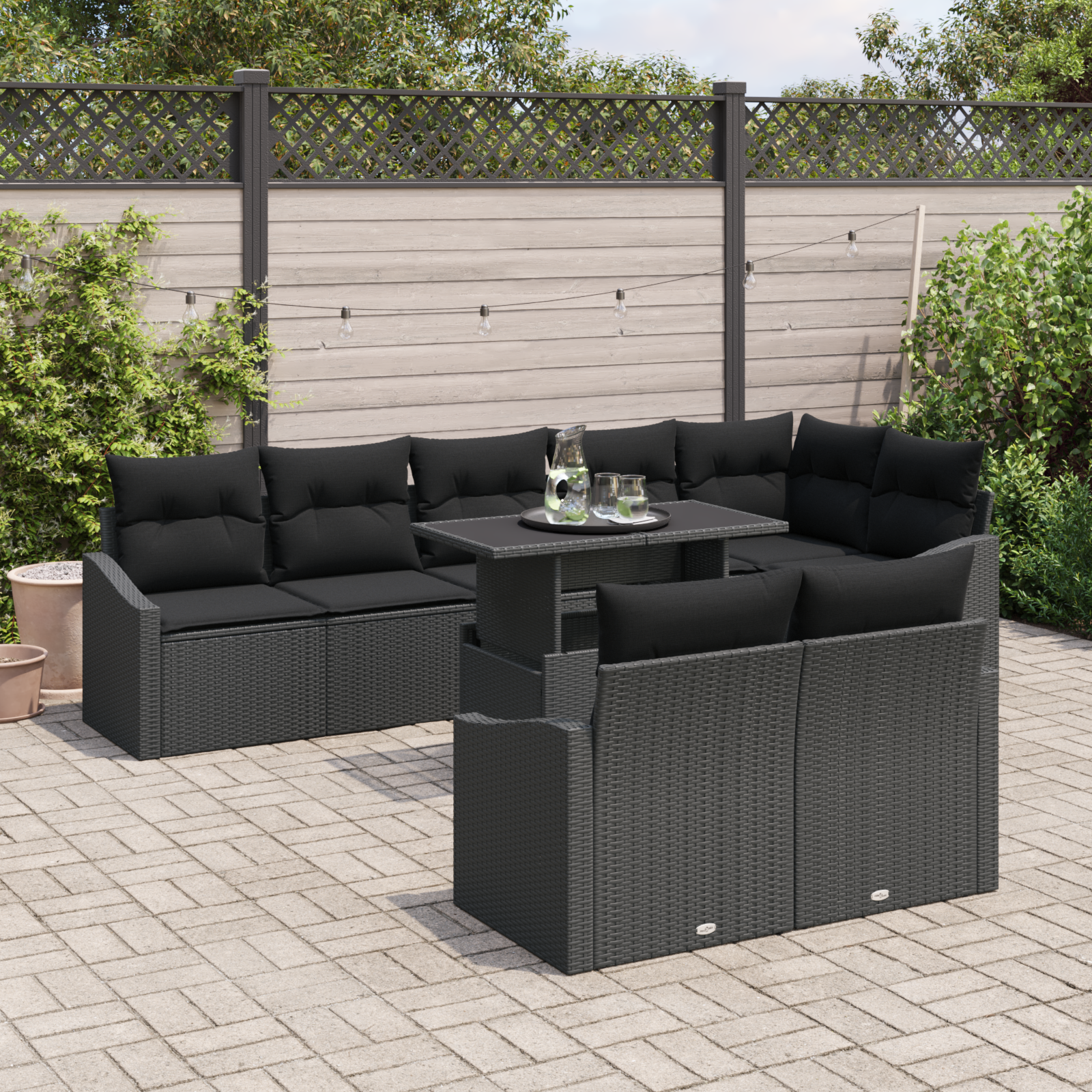 vidaXL 9-delige Tuinbankenset met kussens poly rattan zwart