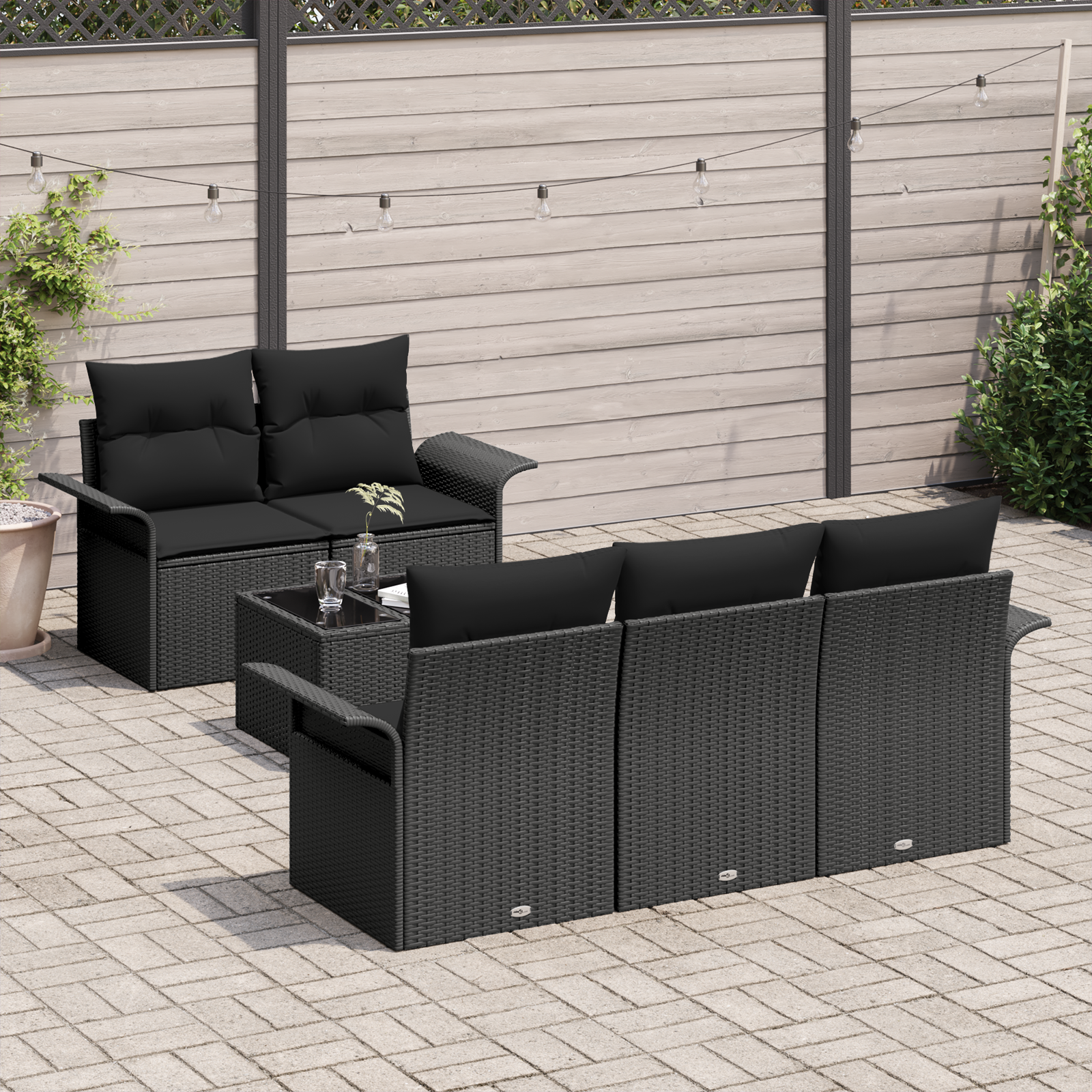 vidaXL 6-delige tuinbankset met kussens, zwart poly rattan