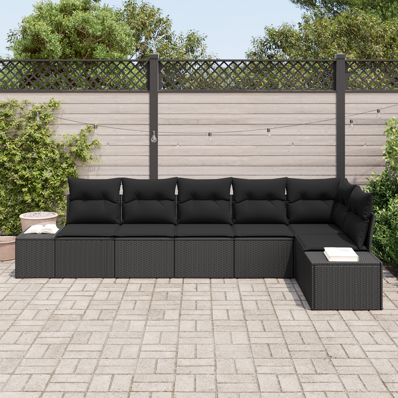 vidaXL 6-delige Tuinbankenset met kussens poly rattan zwart