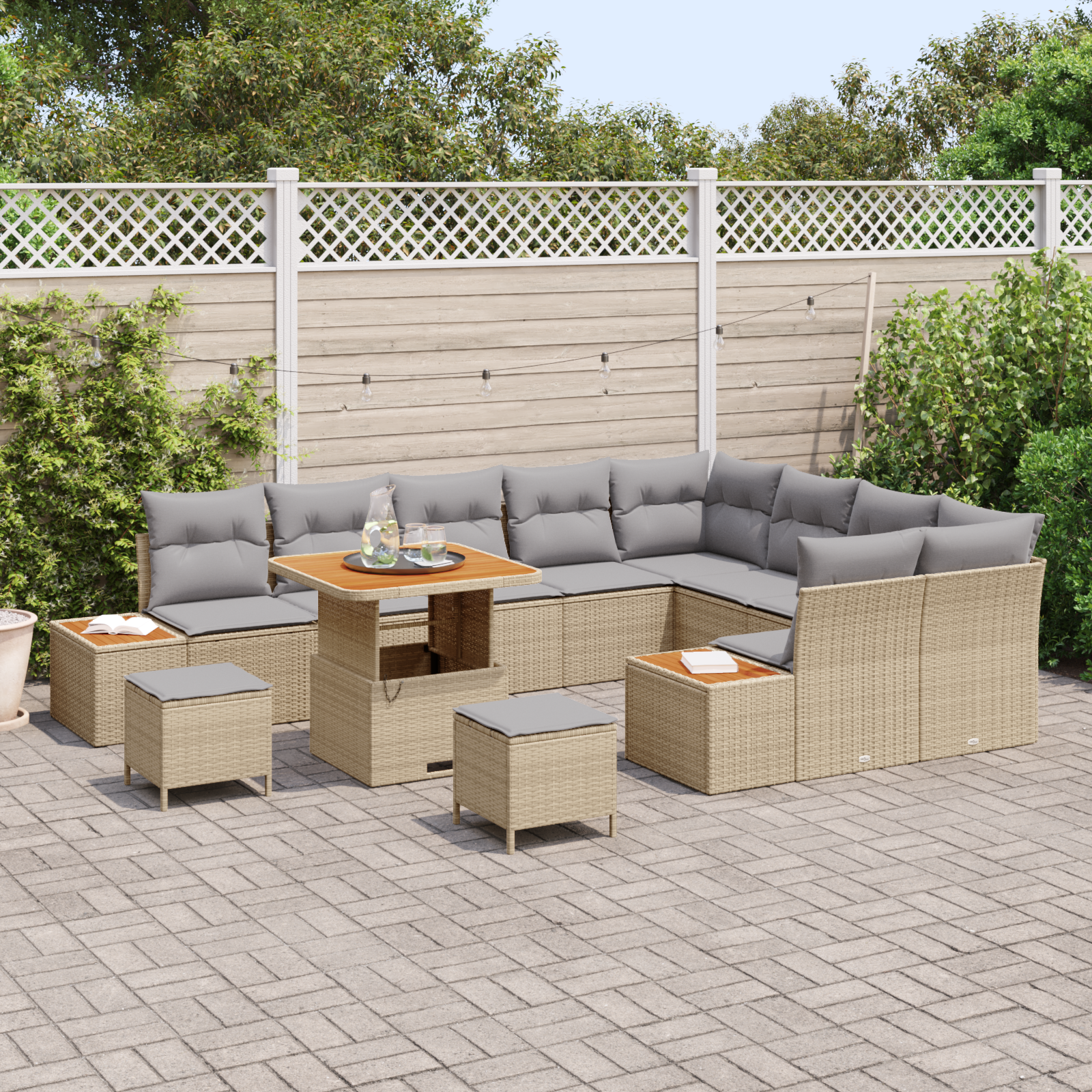 vidaXL 12 delige tuinset met kussens in beige poly rattan en acacia