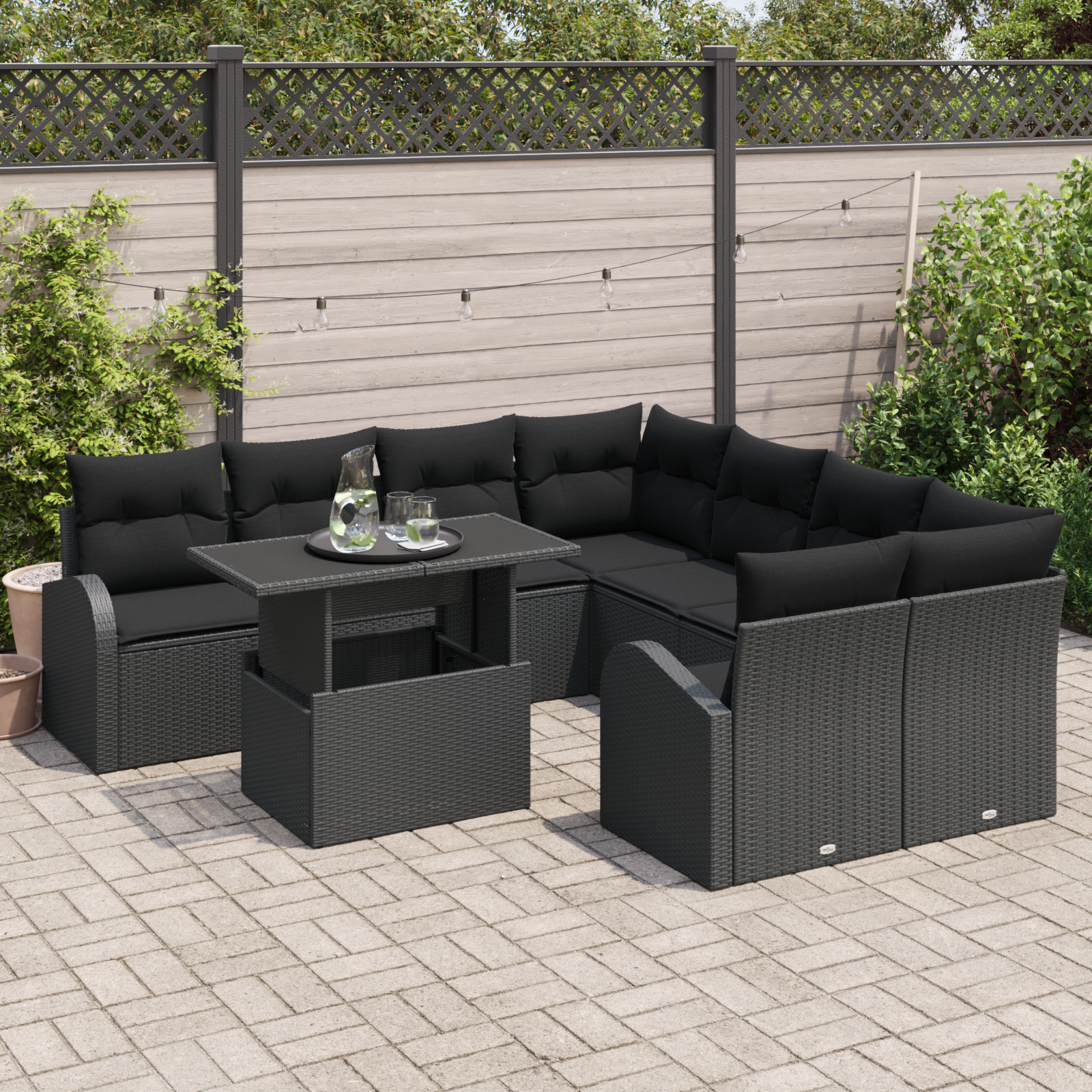 vidaXL 9-delige tuinbankset met kussens zwart poly rattan