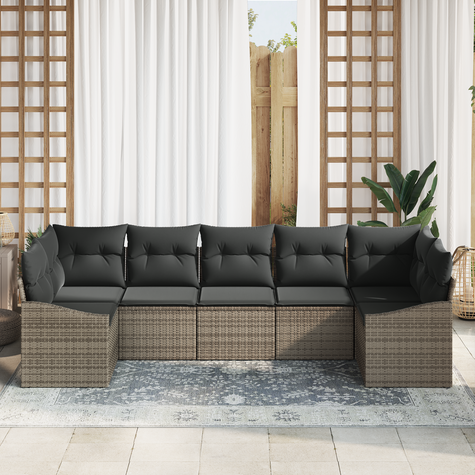 vidaXL 7-delige Tuinbankenset met kussens poly rattan grijs