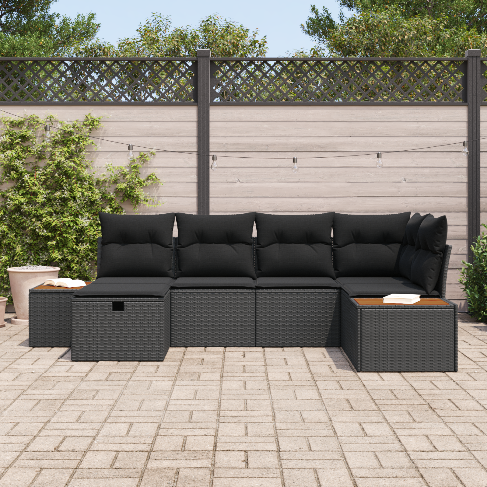vidaXL 6-delige tuinset met kussens in zwart poly rattan