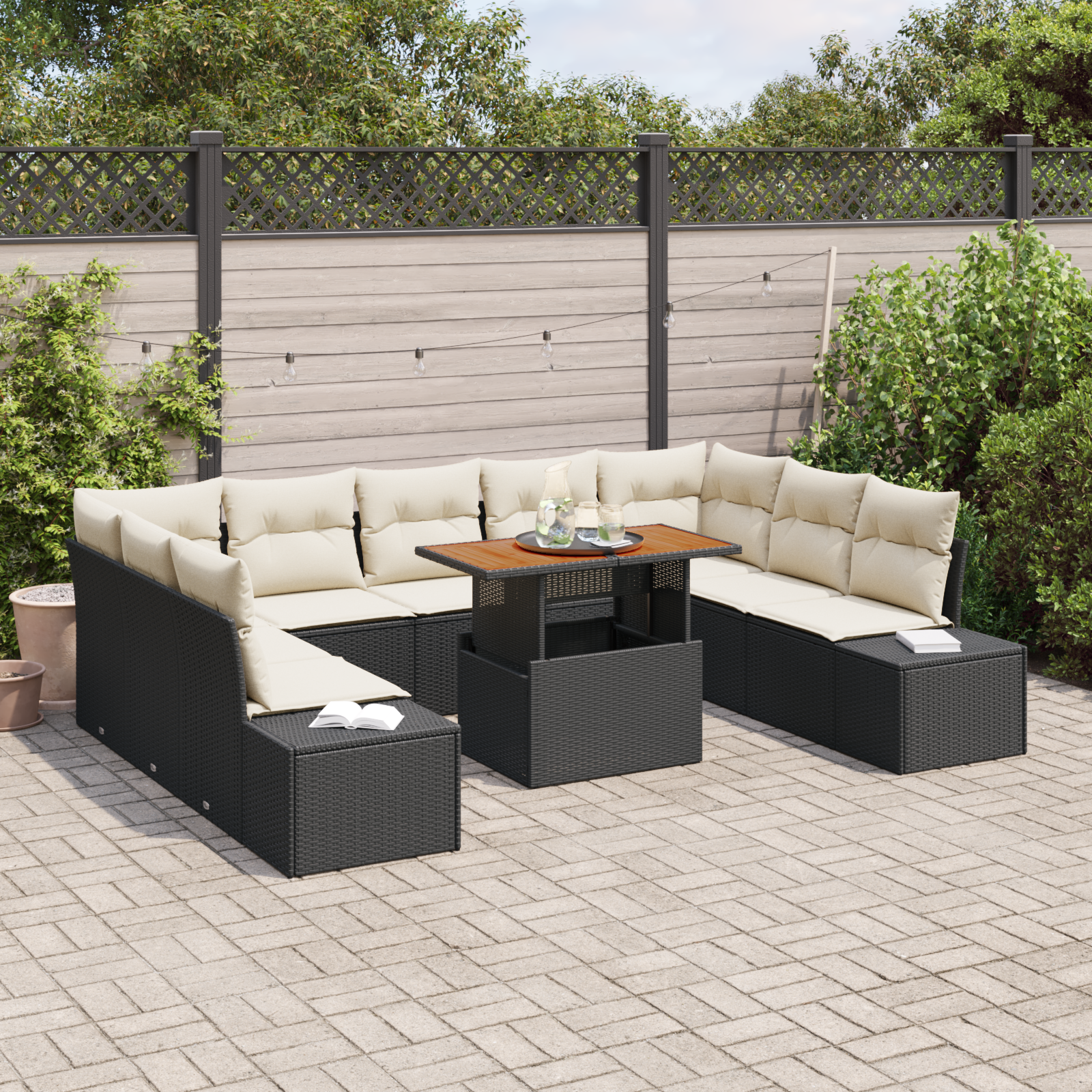 vidaXL 10-delige Tuinbankenset met kussens poly rattan zwart