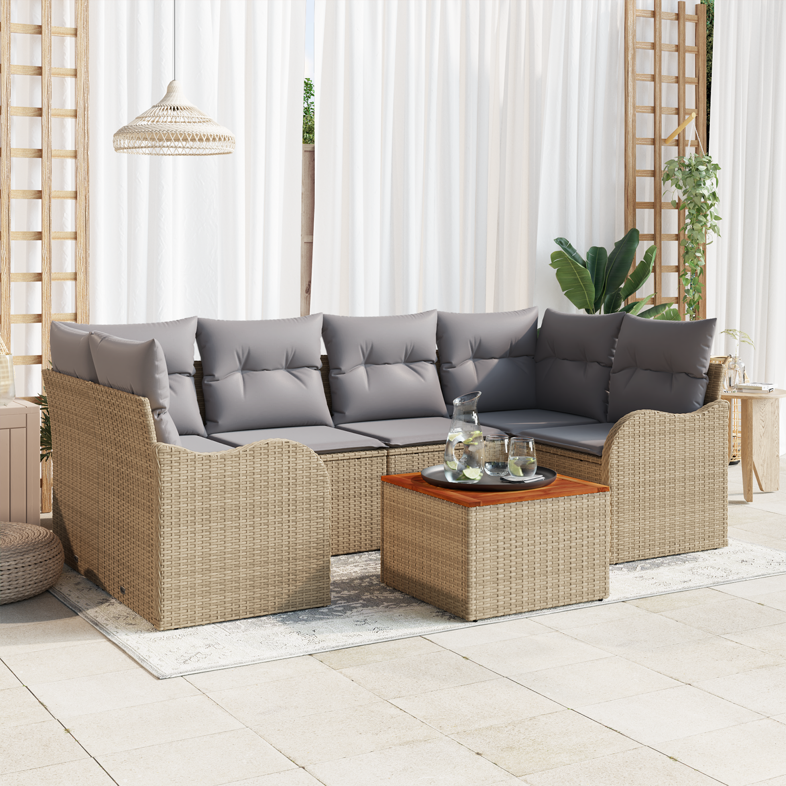 vidaXL 7-delige tuinsofaset met kussens in beige, poly rattan en acacia