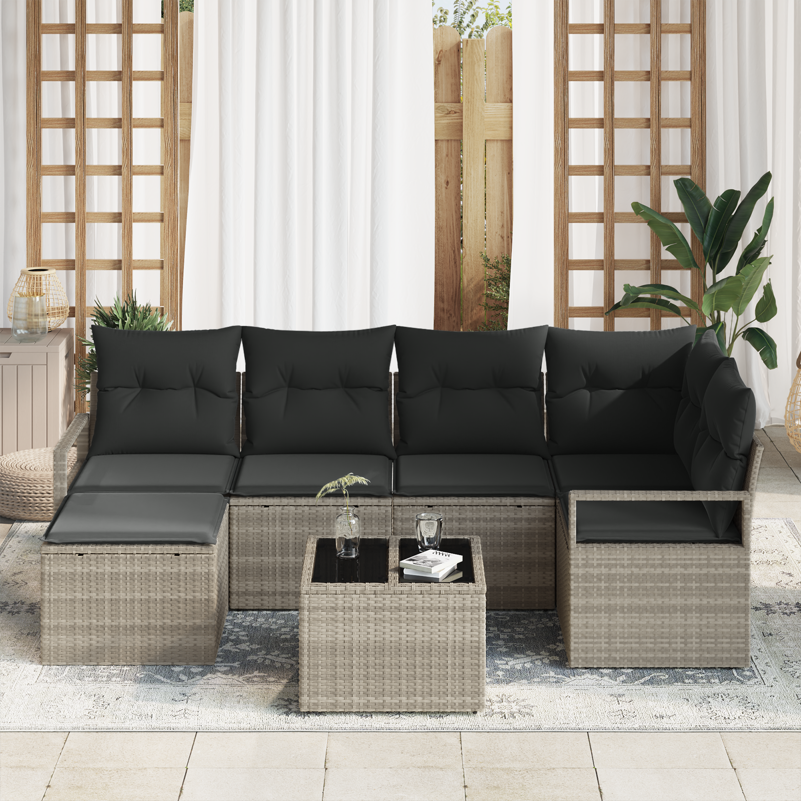 vidaXL 7-delige Tuinbankenset met kussens poly rattan grijs