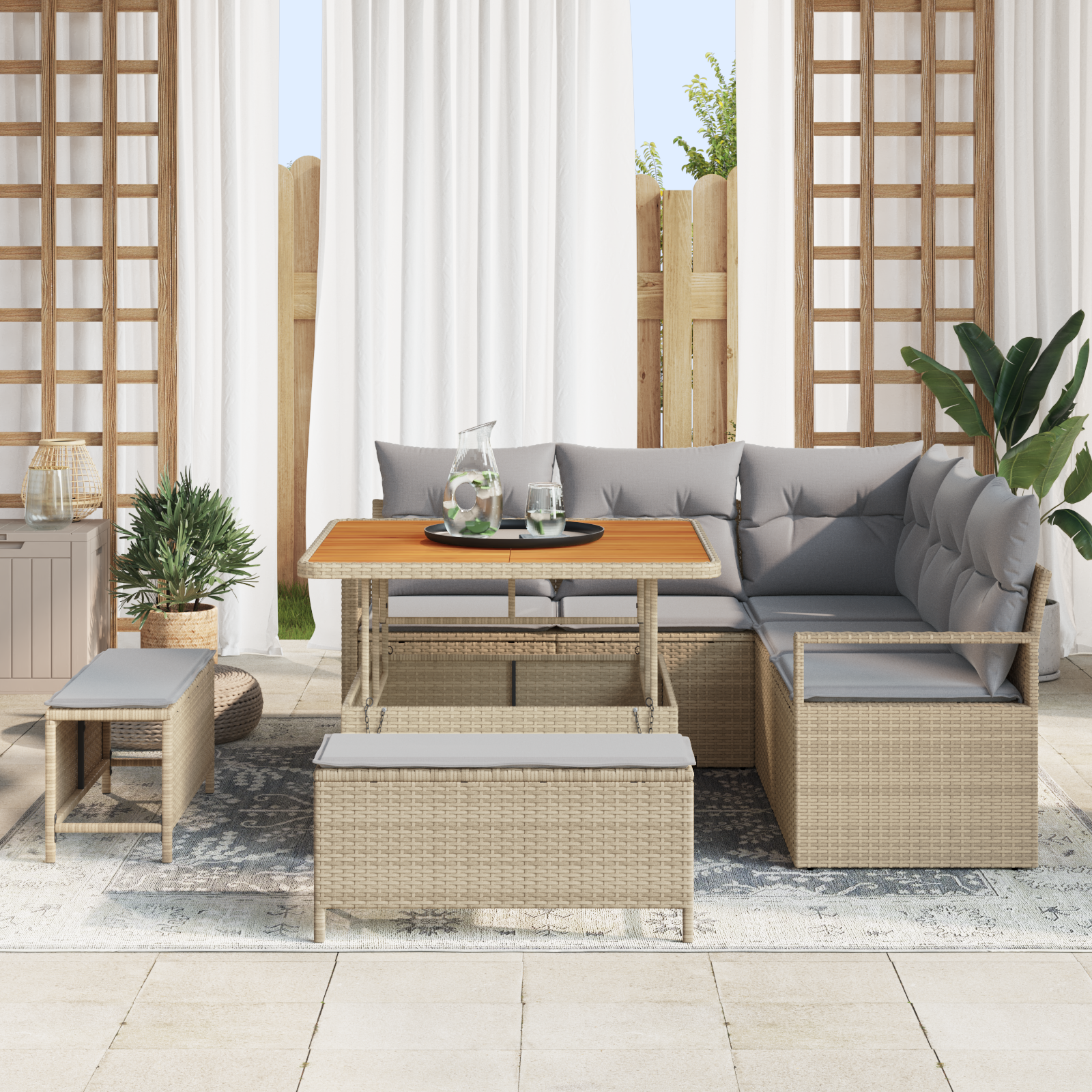 vidaXL 8 delige tuinset met kussens Beige Poly Rattan Acacia