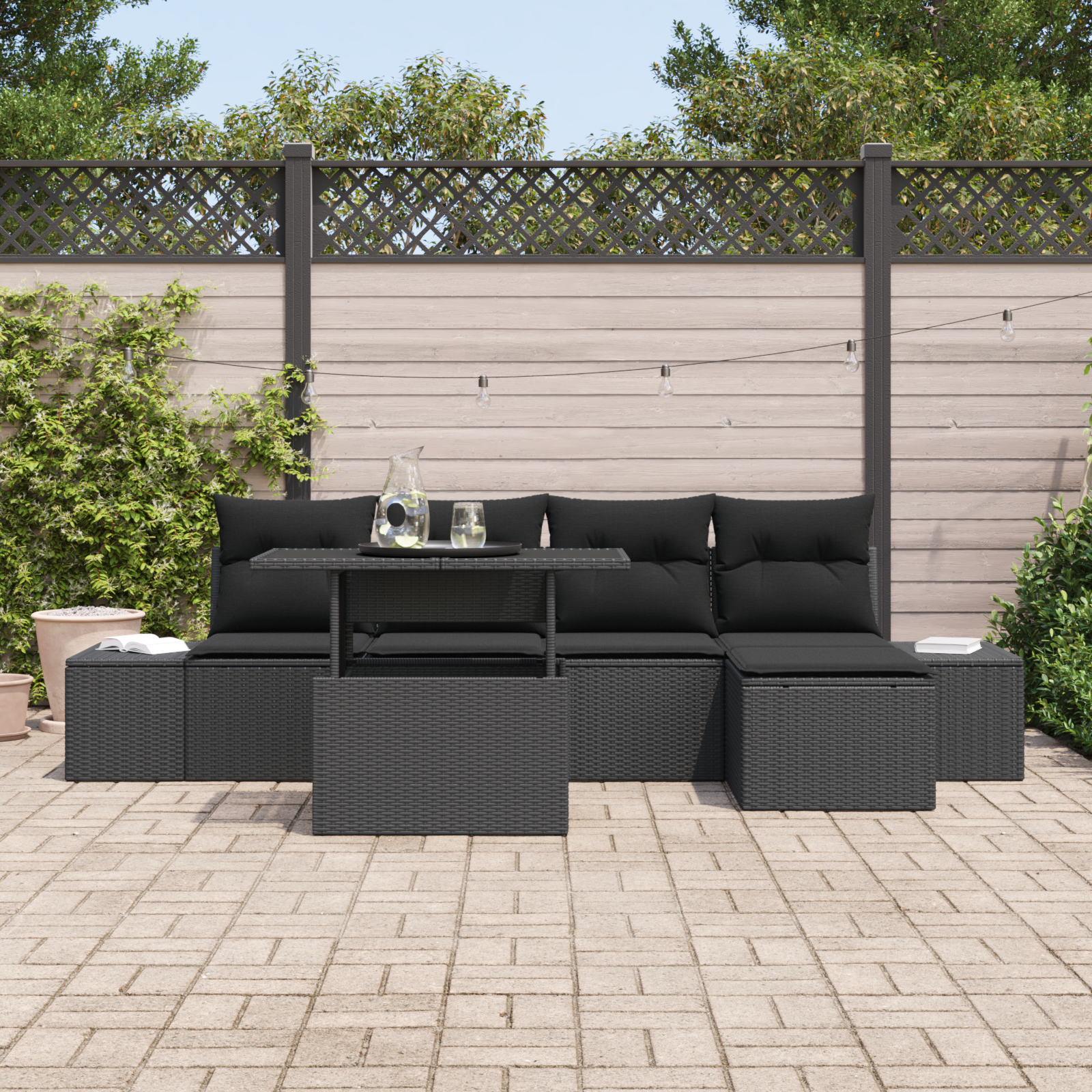 vidaXL 6-delige Tuinbankenset met kussens poly rattan zwart