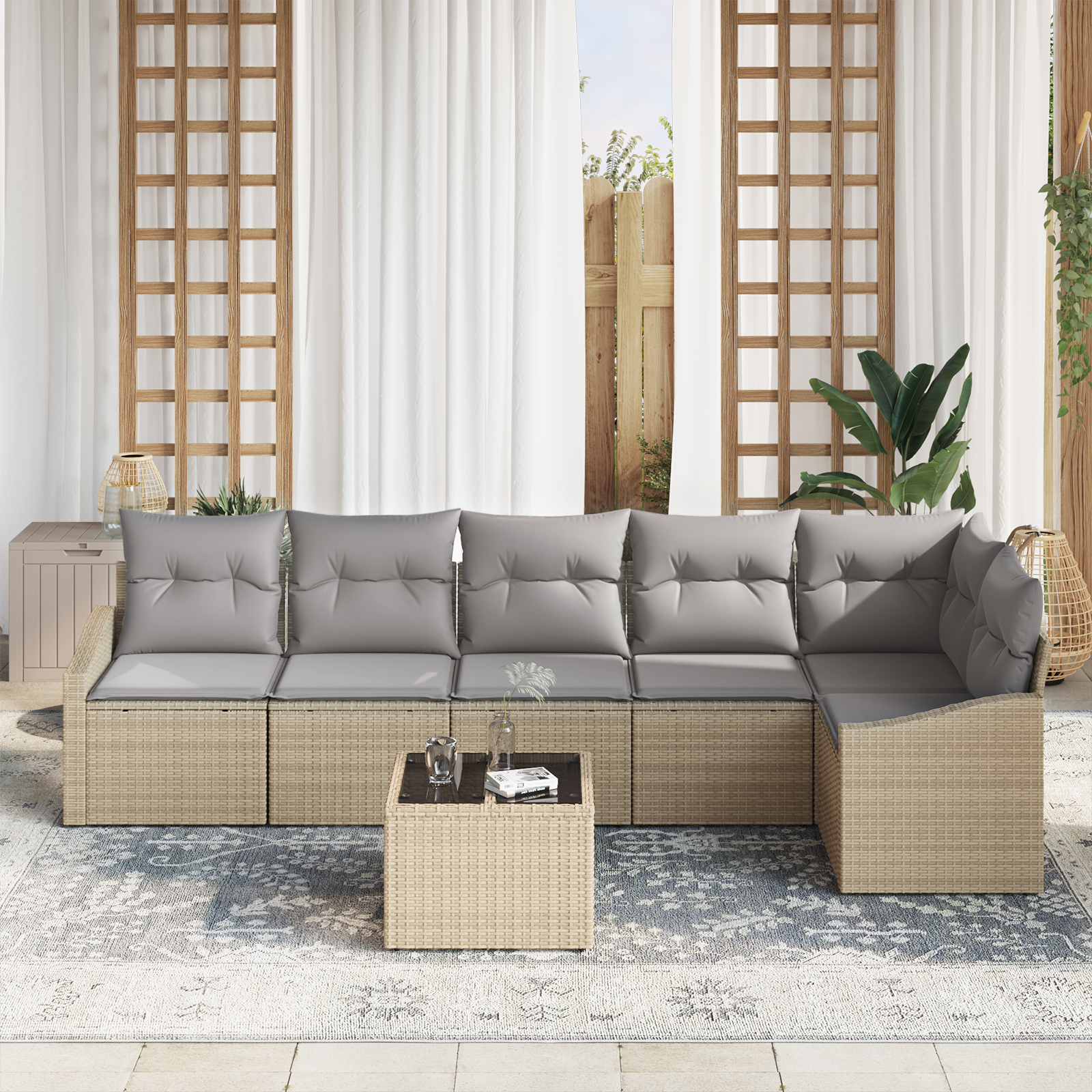 vidaXL 7-delige Tuinbankenset met kussens poly rattan zwart