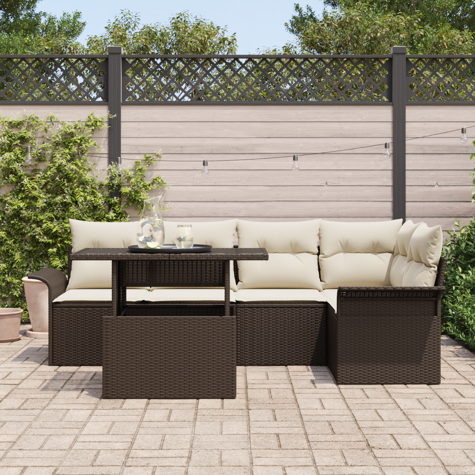 vidaXL 6-delige Tuinbankenset met kussens poly rattan bruin