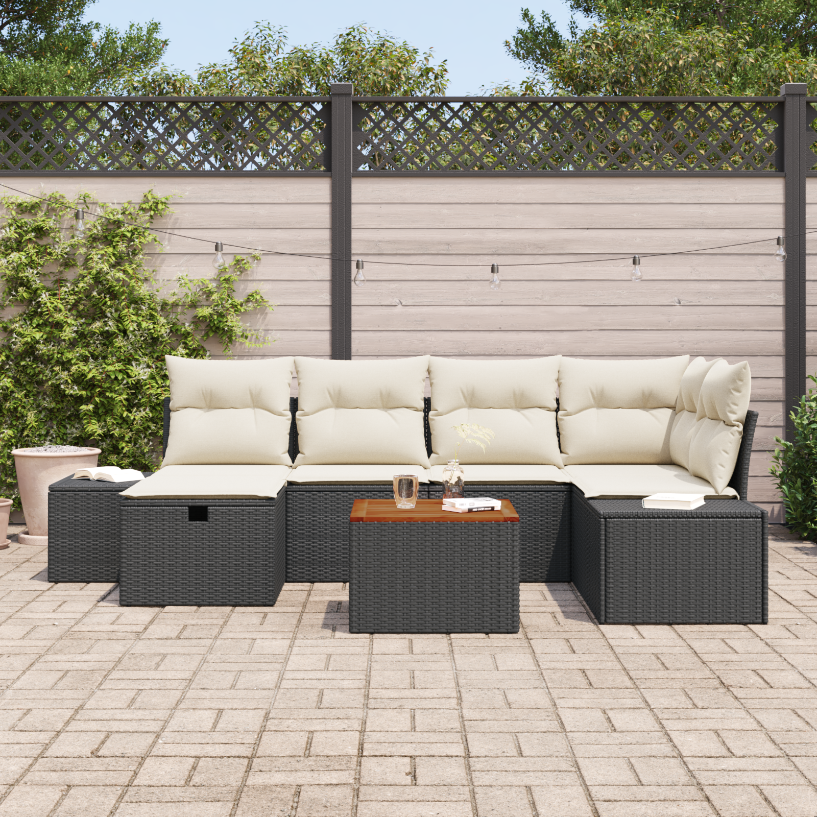 vidaXL 7-delige Tuinbankenset met kussens poly rattan zwart