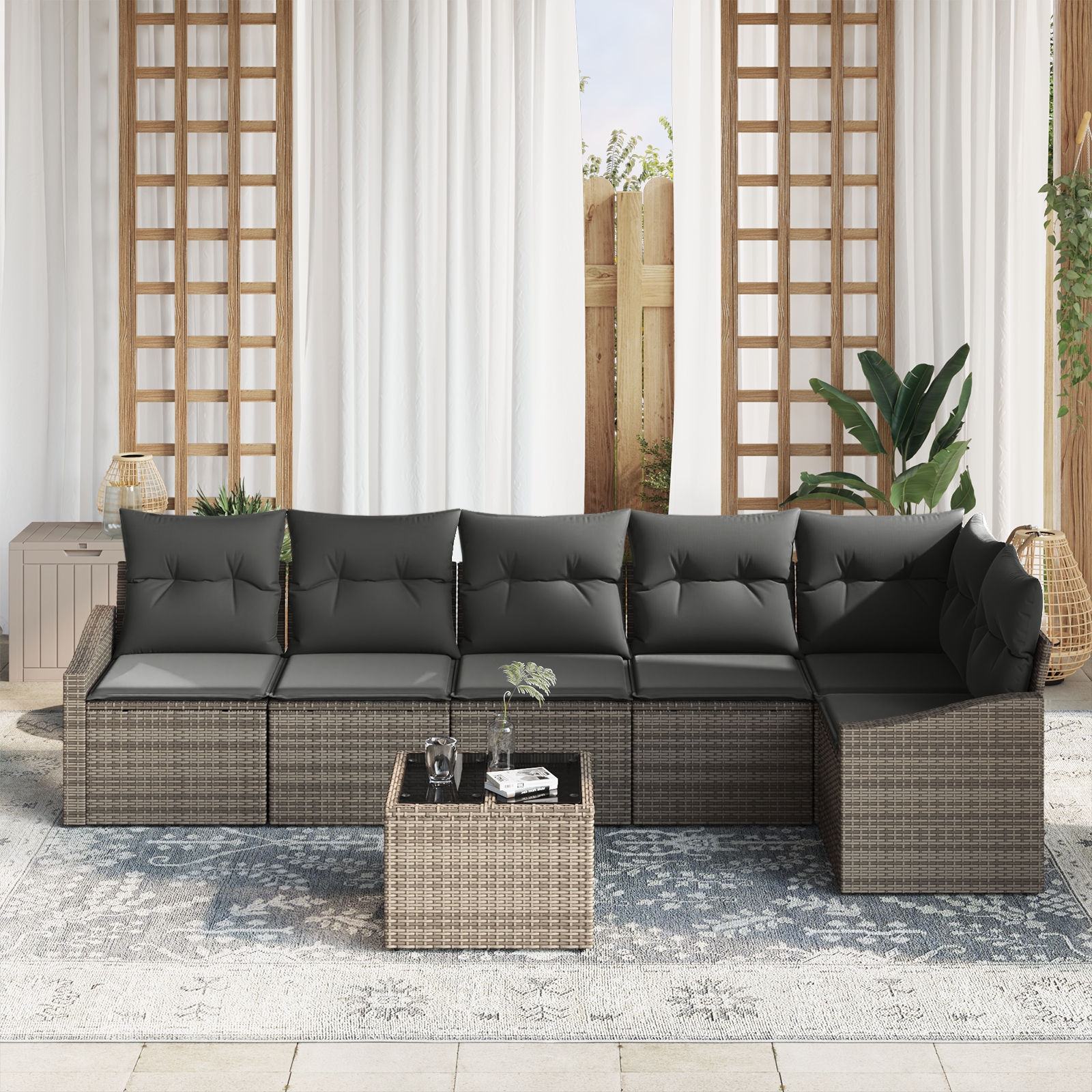 vidaXL 6-delige Tuinset met kussens poly rattan zwart