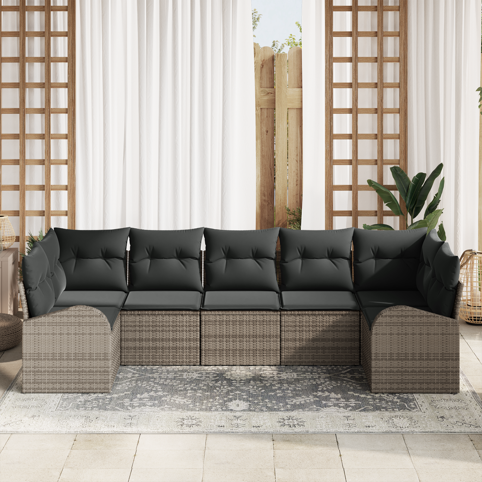 vidaXL 7-delige Tuinbankenset met kussens poly rattan grijs