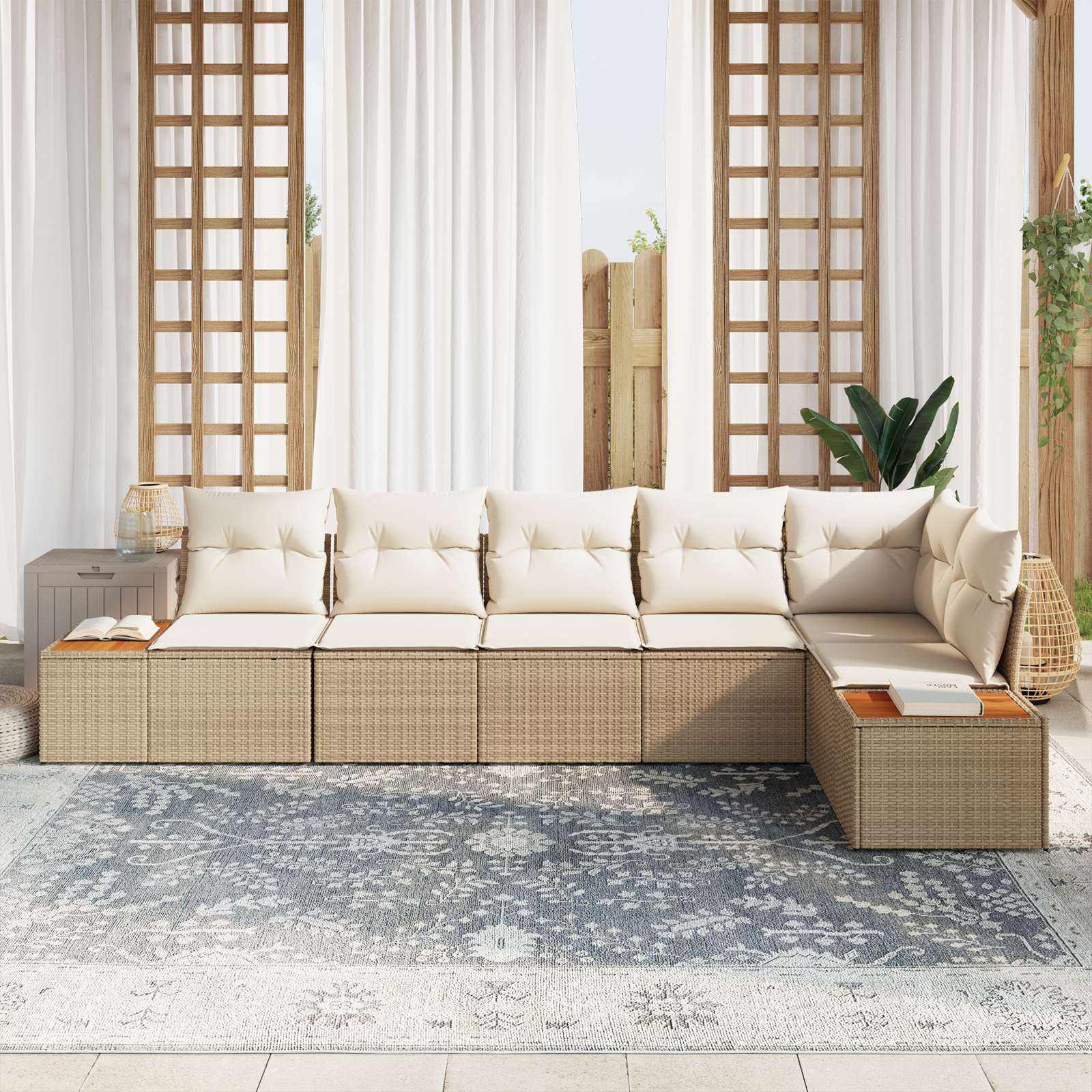 vidaXL 6-delige tuinsofa set met kussens in beige poly rattan en acacia