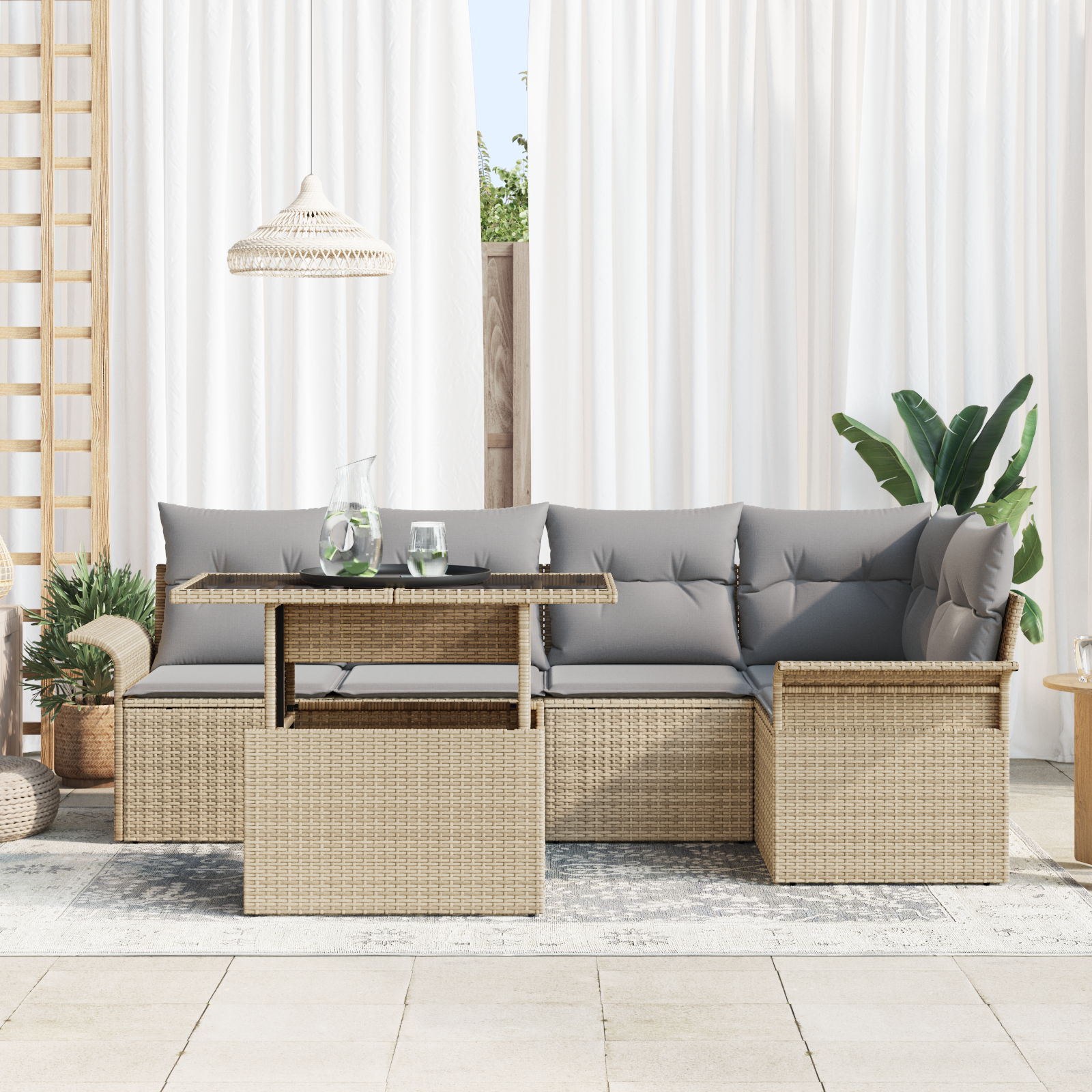 vidaXL 6-delige tuinbankset met kussens in beige poly riet