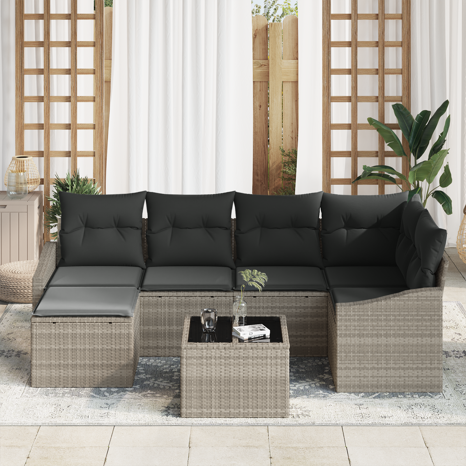 vidaXL 7-delige tuinset met kussens - Grijs Poly Rattan
