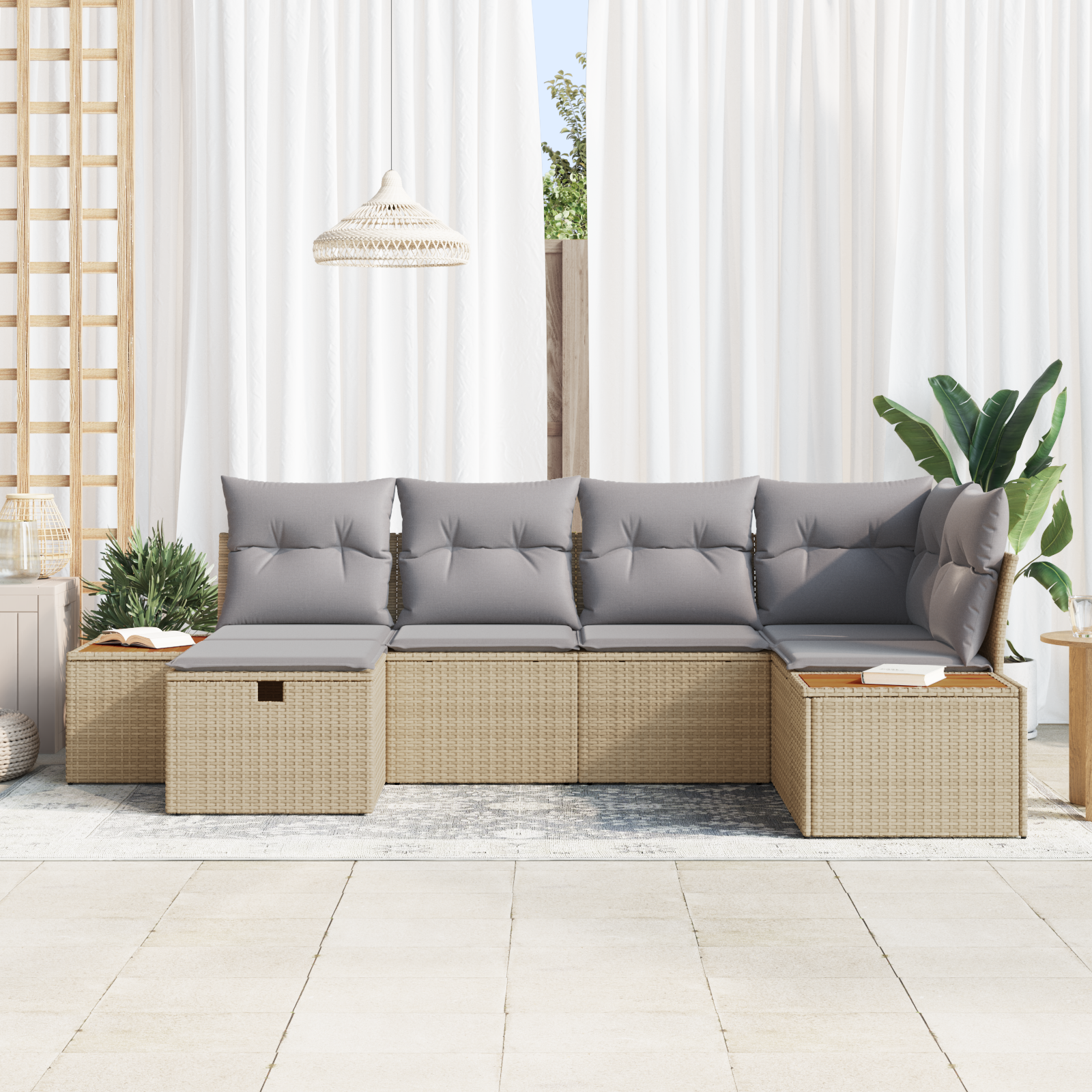 vidaXL 6-delige Tuinbankenset met kussens poly rattan beige