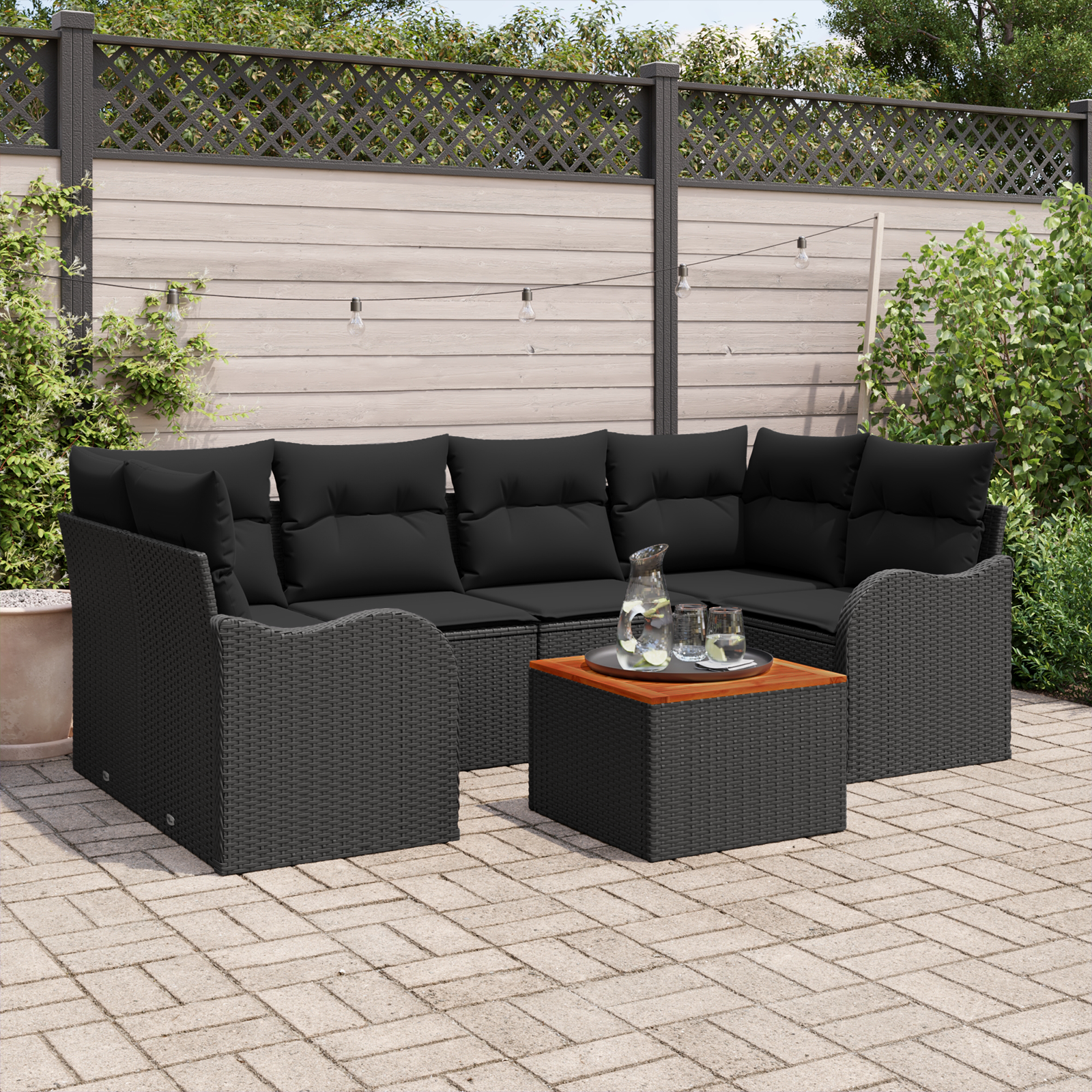 vidaXL 7-delige tuinset met kussens in zwart poly rattan en acacia hout