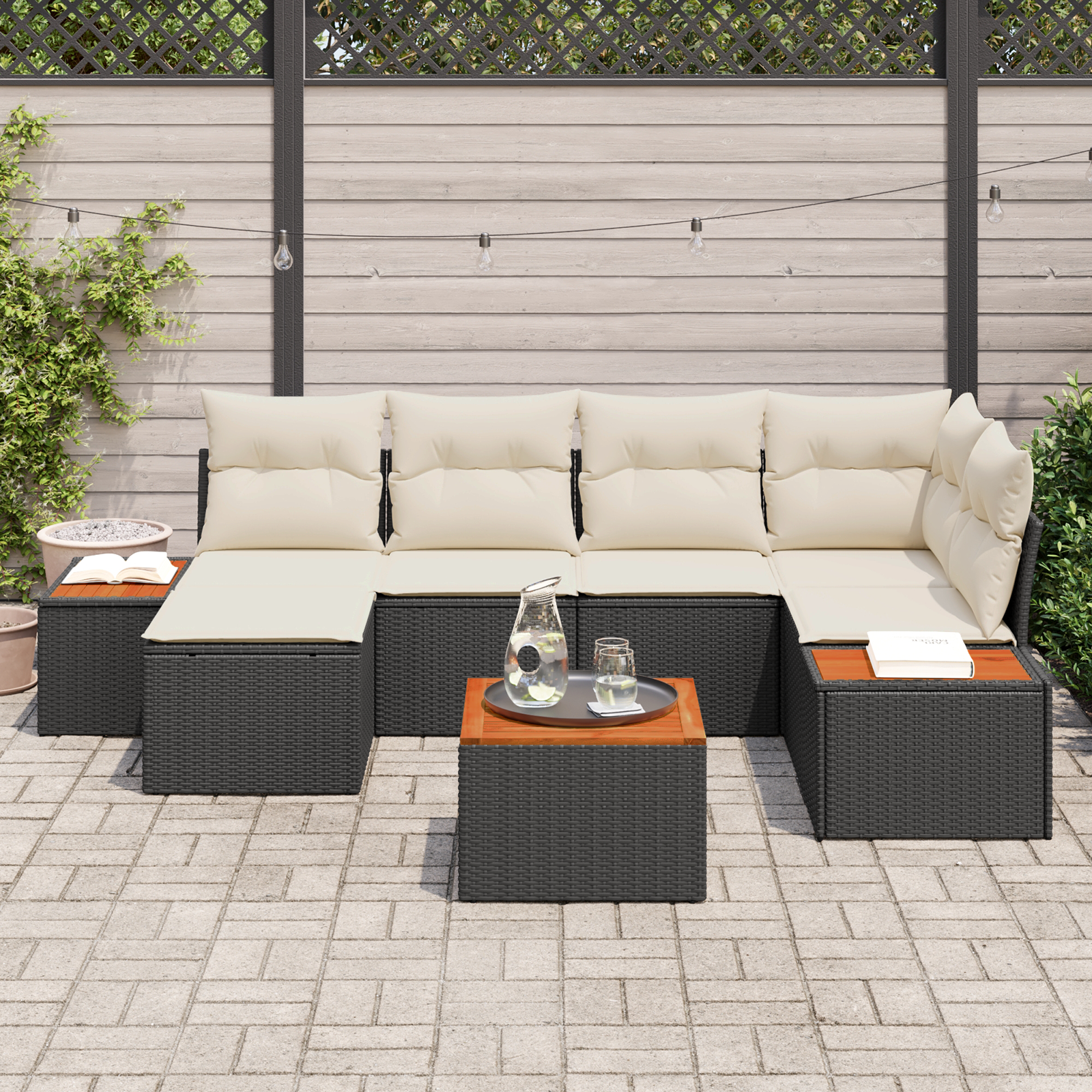 vidaXL 7-delige Ligbed Set met Kussens Zwart Poly Rattan Acacia