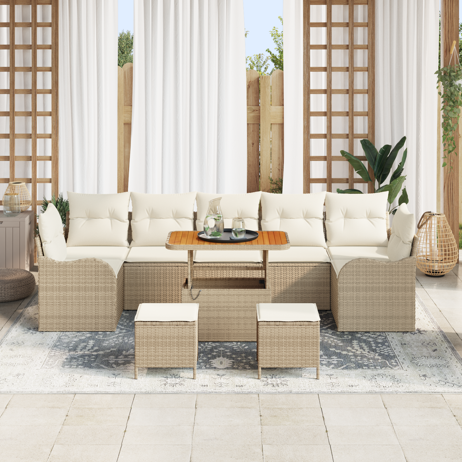 vidaXL 10-delige Tuinbankenset met kussens poly rattan acacia beige