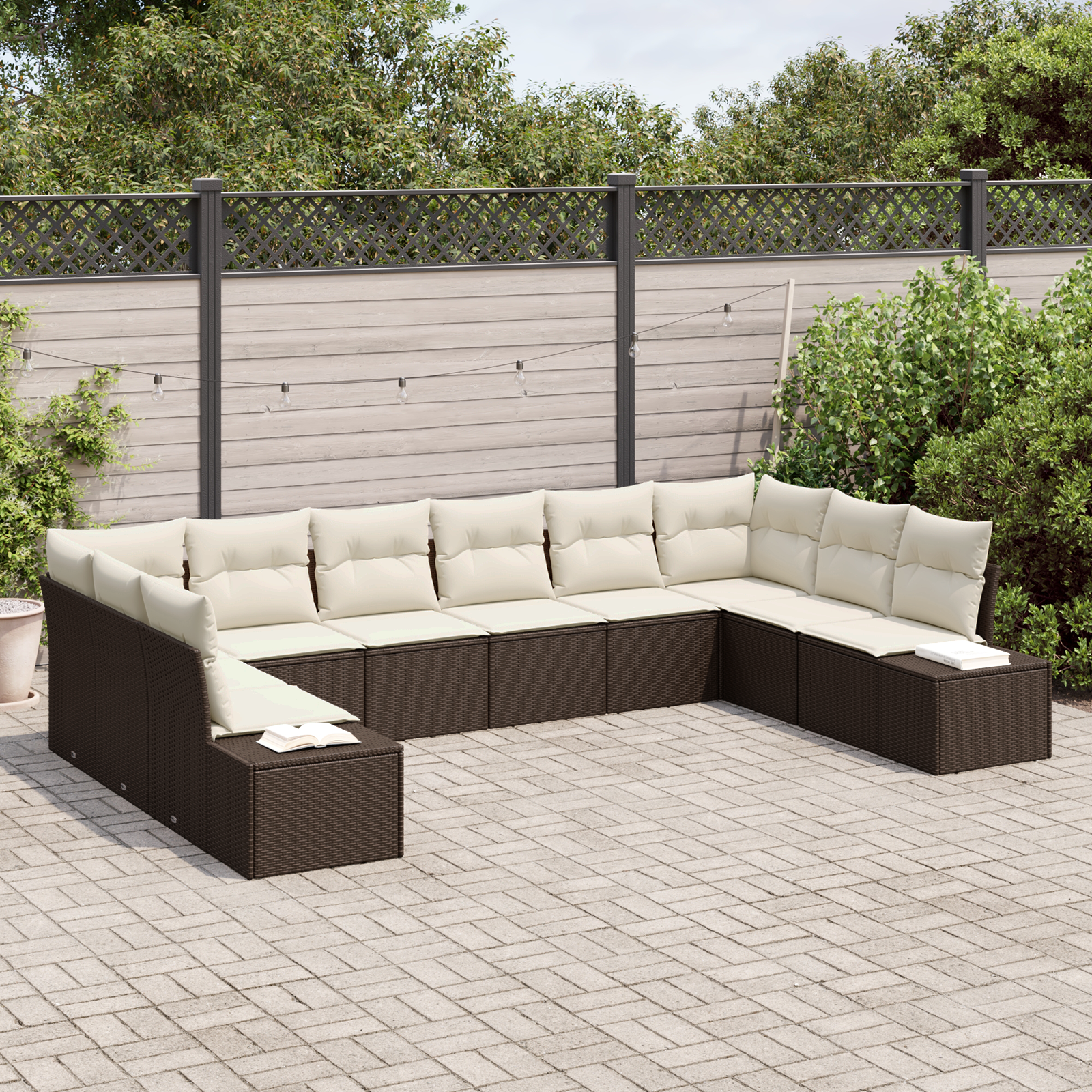 vidaXL 10-delige Tuinbankenset met kussens poly rattan bruin