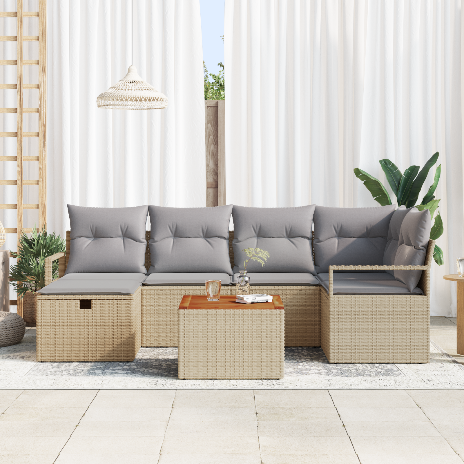 vidaXL 7-delige Tuinbankenset met kussens poly rattan beige