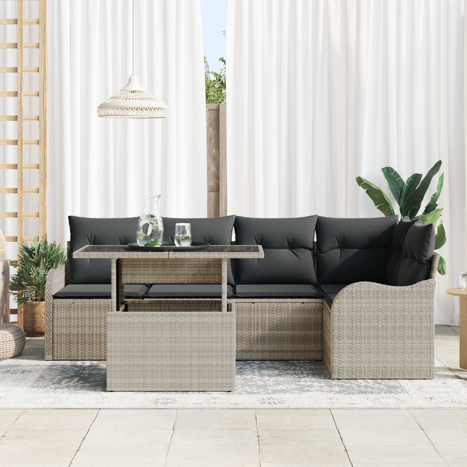 vidaXL 6-delige Tuinbankenset met kussens poly rattan lichtgrijs