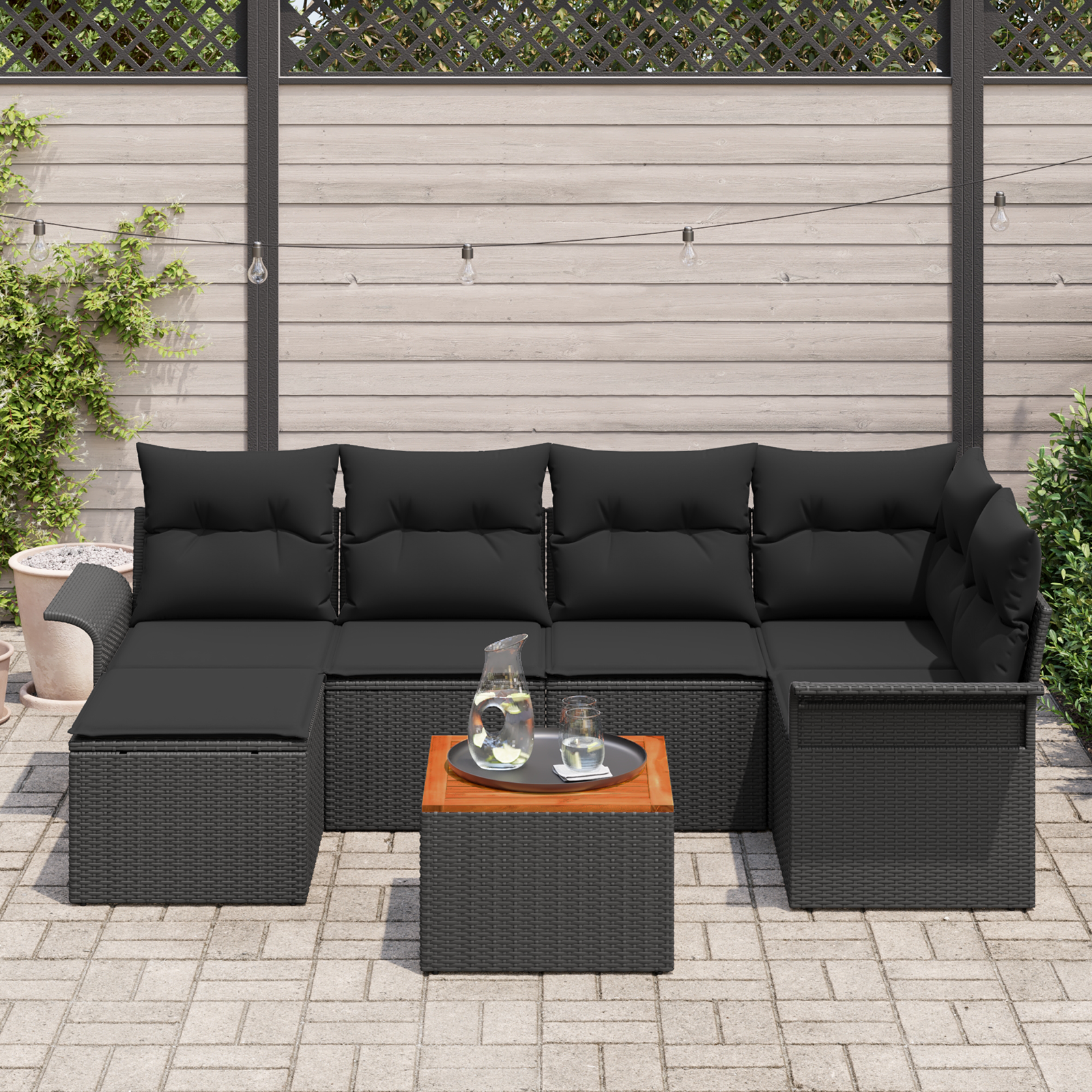 vidaXL 7-delige Tuinbankenset met kussens poly rattan acacia zwart