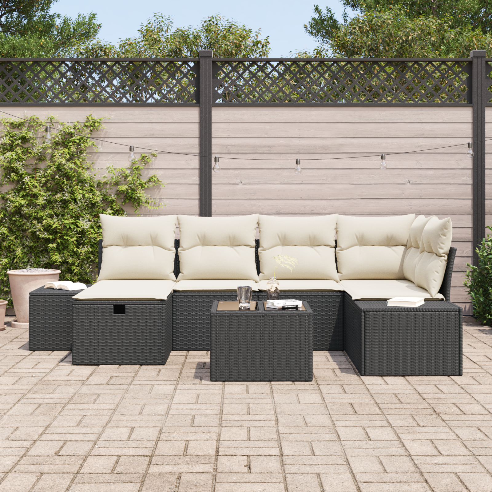 vidaXL 7-delige tuinset met kussens - zwart poly rattan