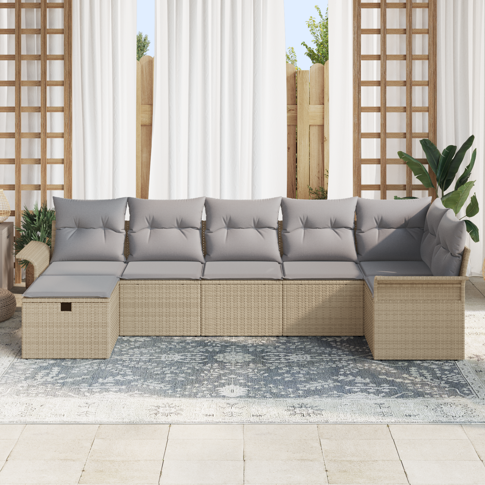 vidaXL 7-delige ligbedset met kussens in beige poly riet